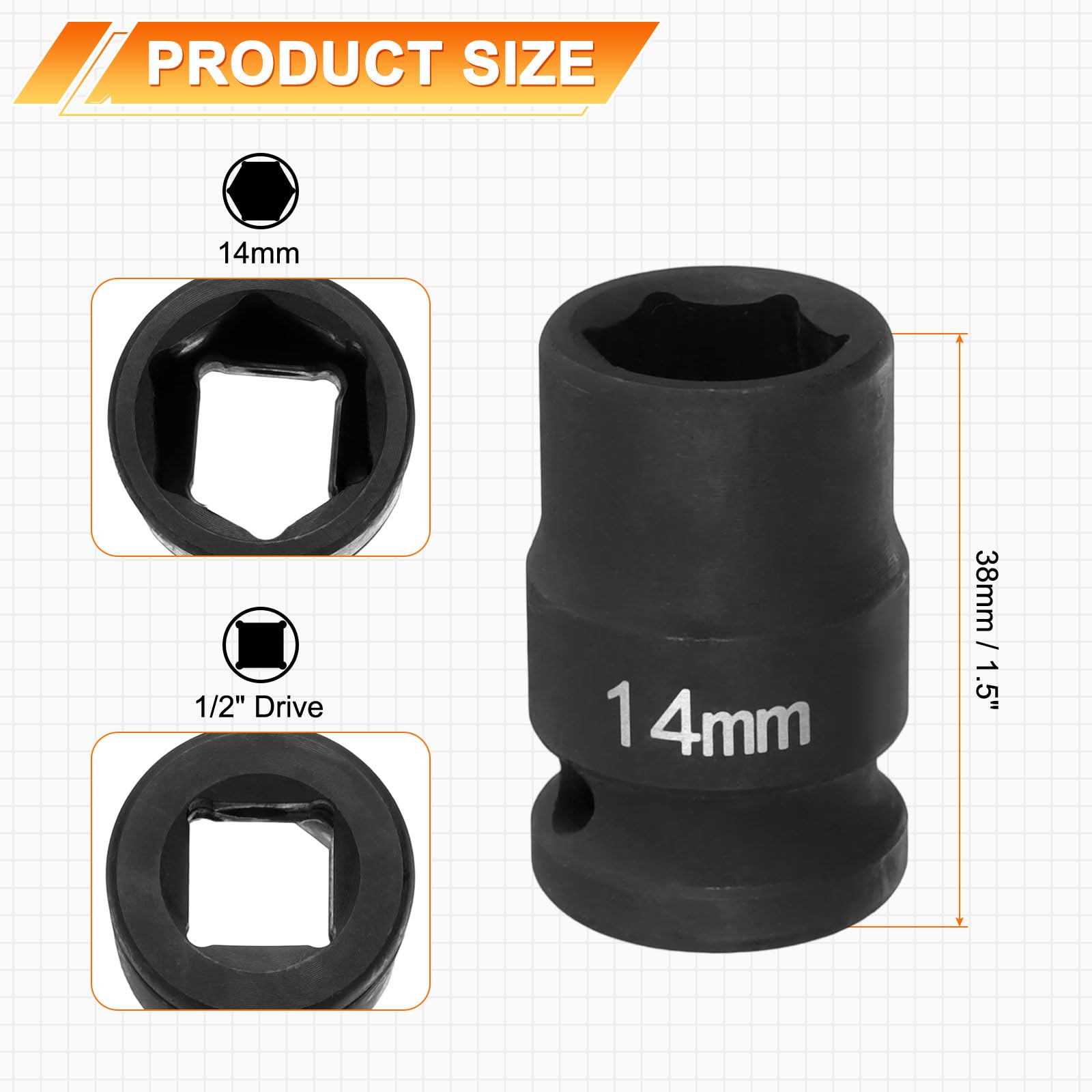 QUARKZMAN 2 nasadki udarowe 6-punktowe 14 mm, 1/2", napęd kwadratowy 1,5" (38 mm), długie nasadki sześciokątne do nakrętek wrzeciona ze stali Cr-Mo fosforanowanej, czarne