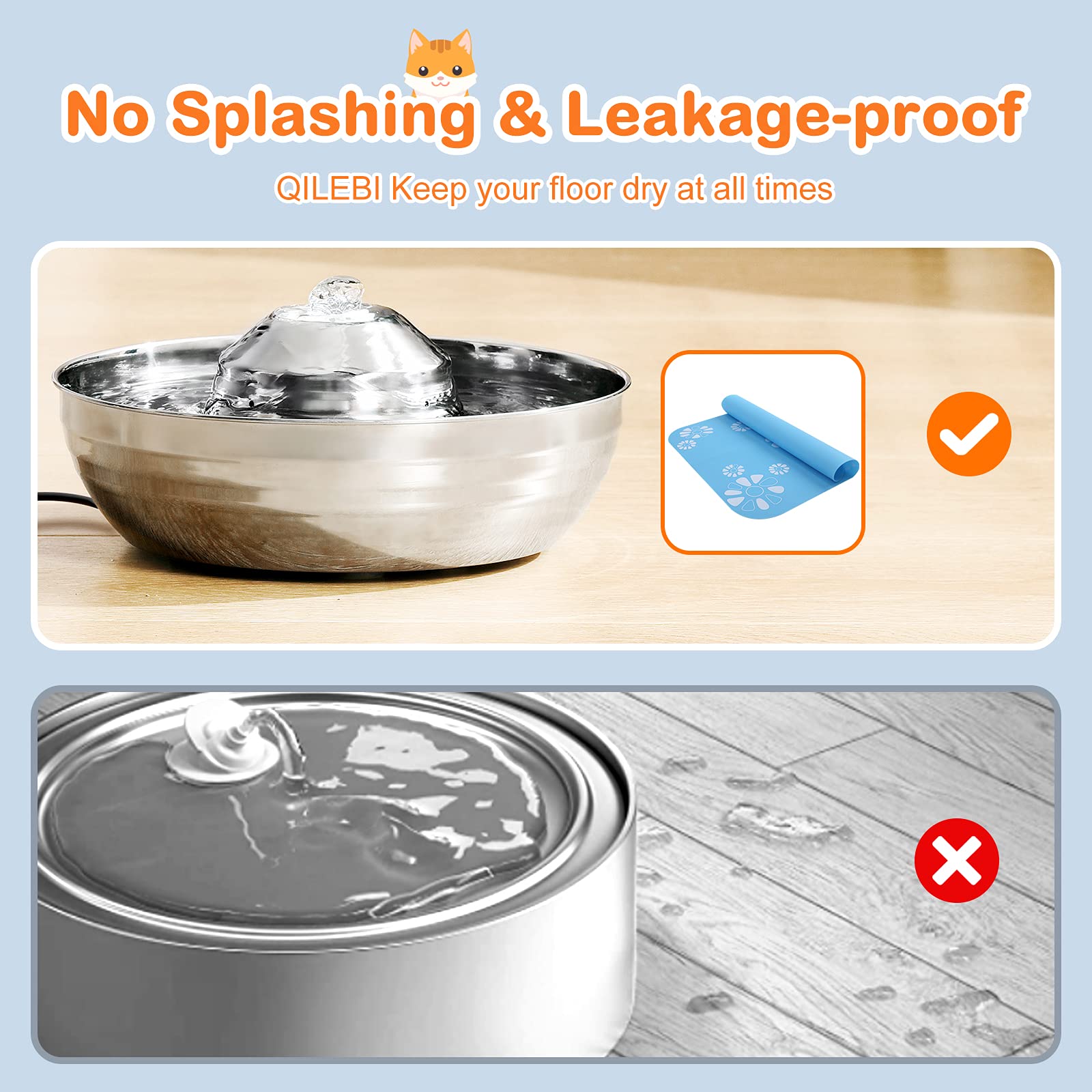 Cat Water Fountain, QILEBI 67 OZ /2 L Stainless Steel Dog Water Fountain with Filters & Ultra Quiet, Dishwasher Safe Pet Drinking Dispenser with Slicone Mat for Cats, Dogs - image 6
