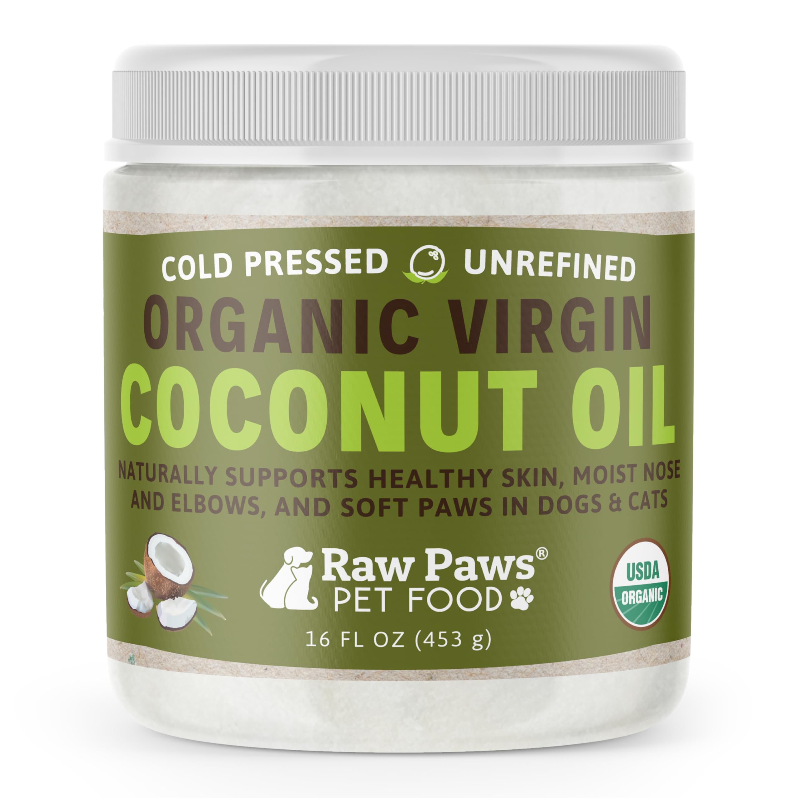 Raw Paws Virgin Organic Coconut Oil for Dogs & Cats, 16-oz - Treatment for Itchy Skin, Dry Nose, Paws - Hot Spot Lotion - Natural Hairball Remedy for Cats