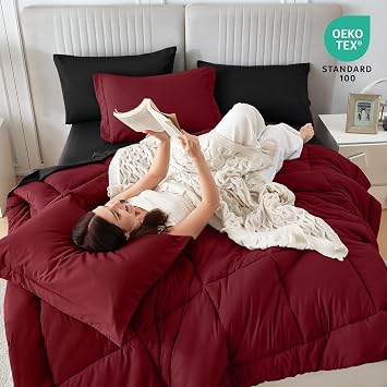 Sasttie Twin Comforter Set 7-Piece, All-Season Bed in a Bag, Wine & Black