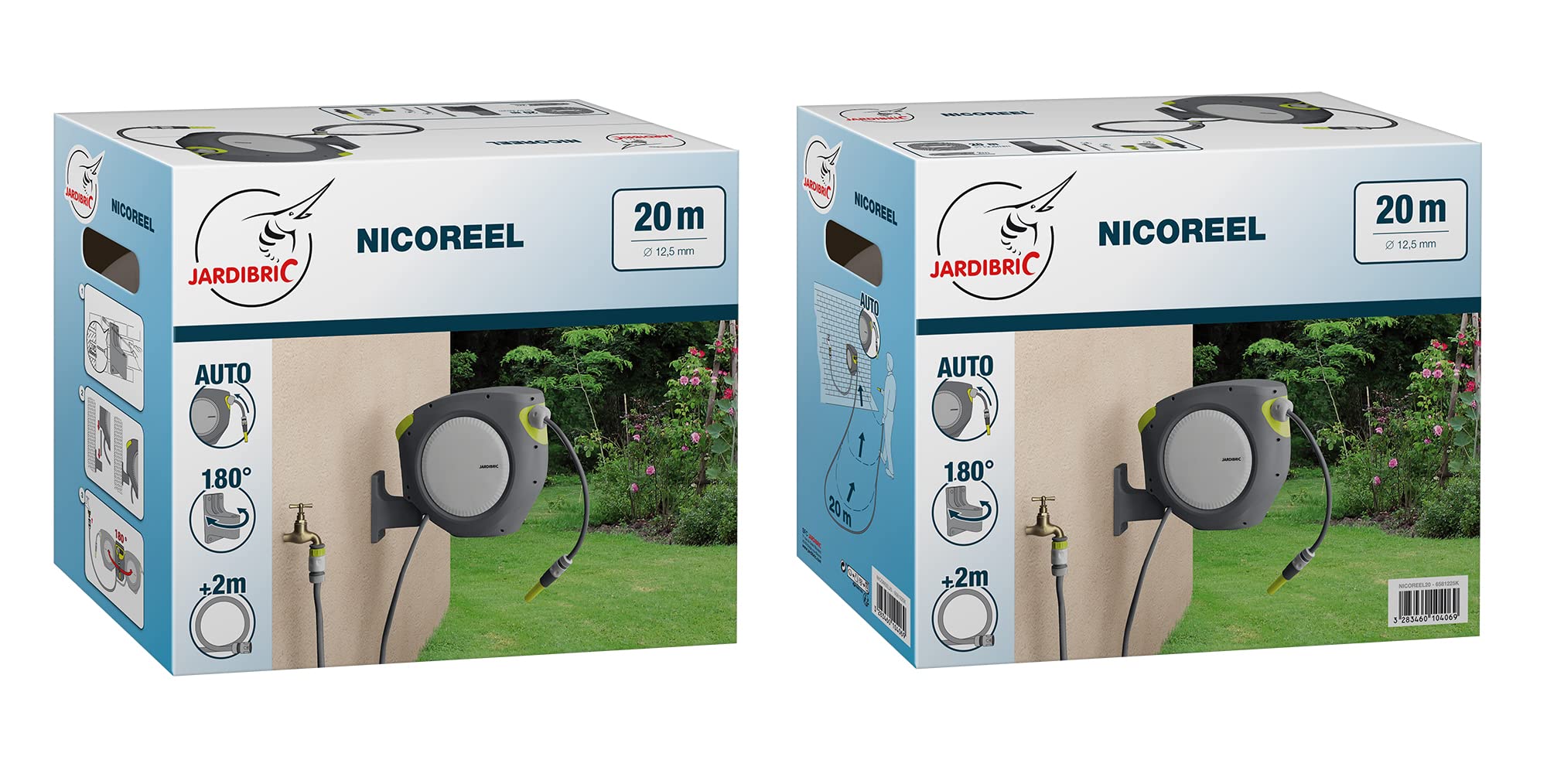 Jardibric 12028 - Dispensador automático de Pared (20 m, 12,5 mm de diámetro, retráctil, con alargador, Nariz de Grifo, empalmes y Pistola de riego