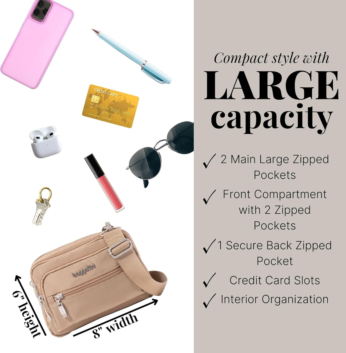 Baggallini Triple Zip Small Crossbody Bag for Women - 8x6 Lightweight Convertible Fanny Pack Belt Bag - Image 3