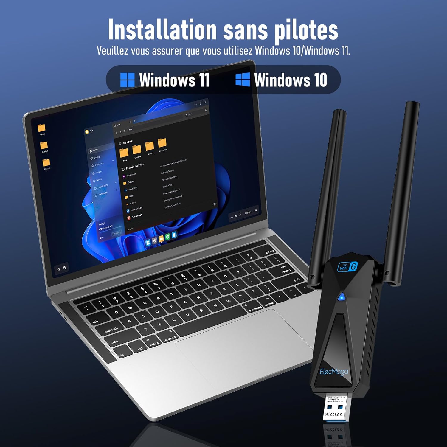 ElecMoga WiFi 6 USB Adapter connected to a laptop, indicating driver-free installation for Windows 10/11