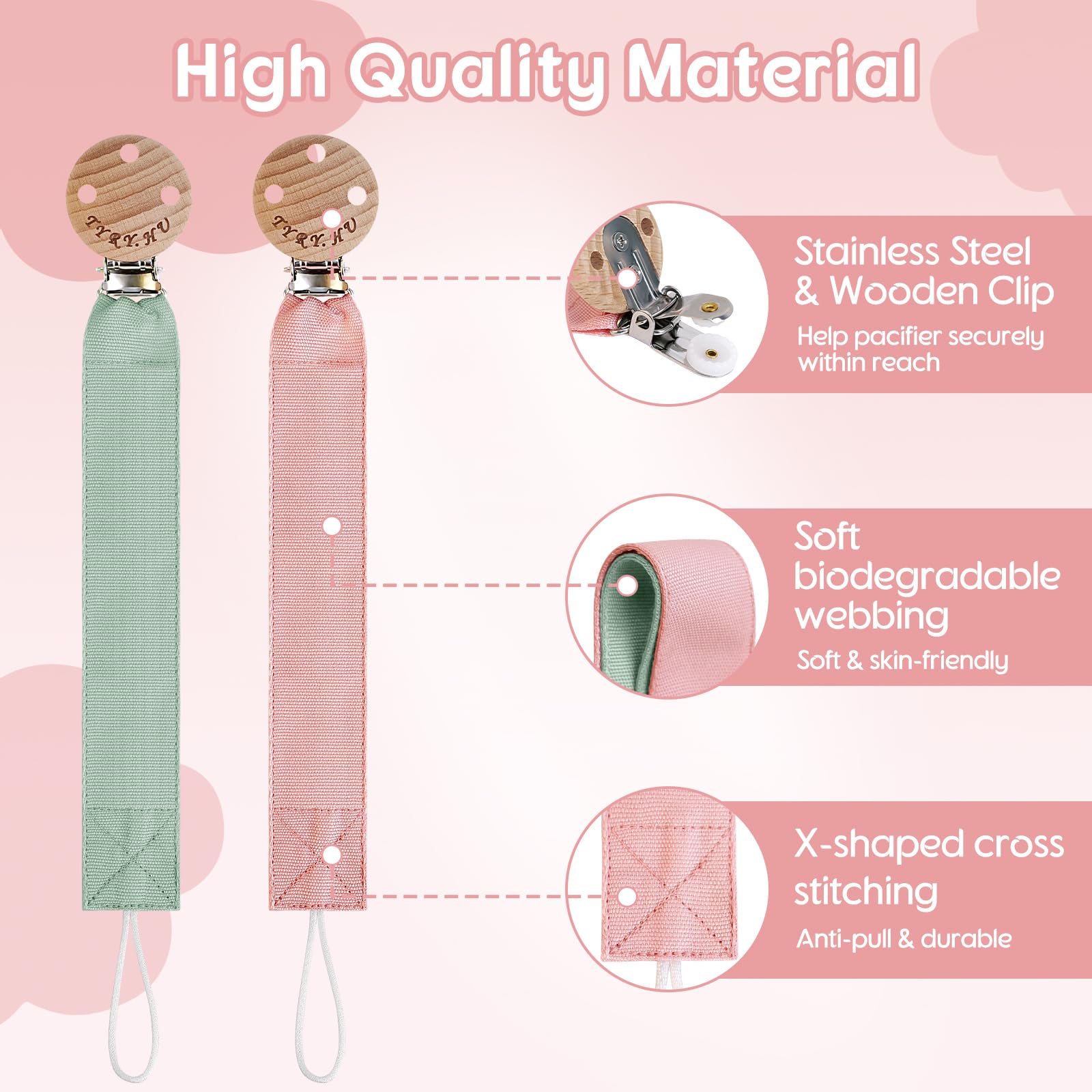 TYRY.HU Catenella Portaciuccio Tessuto Morbido Catenella Ciuccio Fatto a Mano Succhietto Porta Clip di Legno Cotone Bambini Ragazzi Massaggiagengive Clip Baby Regalo,2 Pezzi