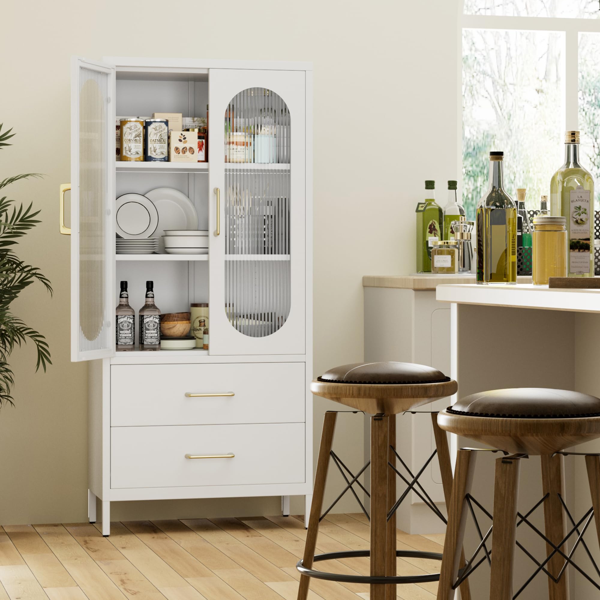 Aobabo Metal Office -Akten Speicherschrank mit 2 Schubladen und 2 einstellbaren Regalen - 155 cm hohe Glasentüren weißer Lagerschrank, 3 -stufige hohe Stahlschränke für Wohnzimmer, Büro, Büro