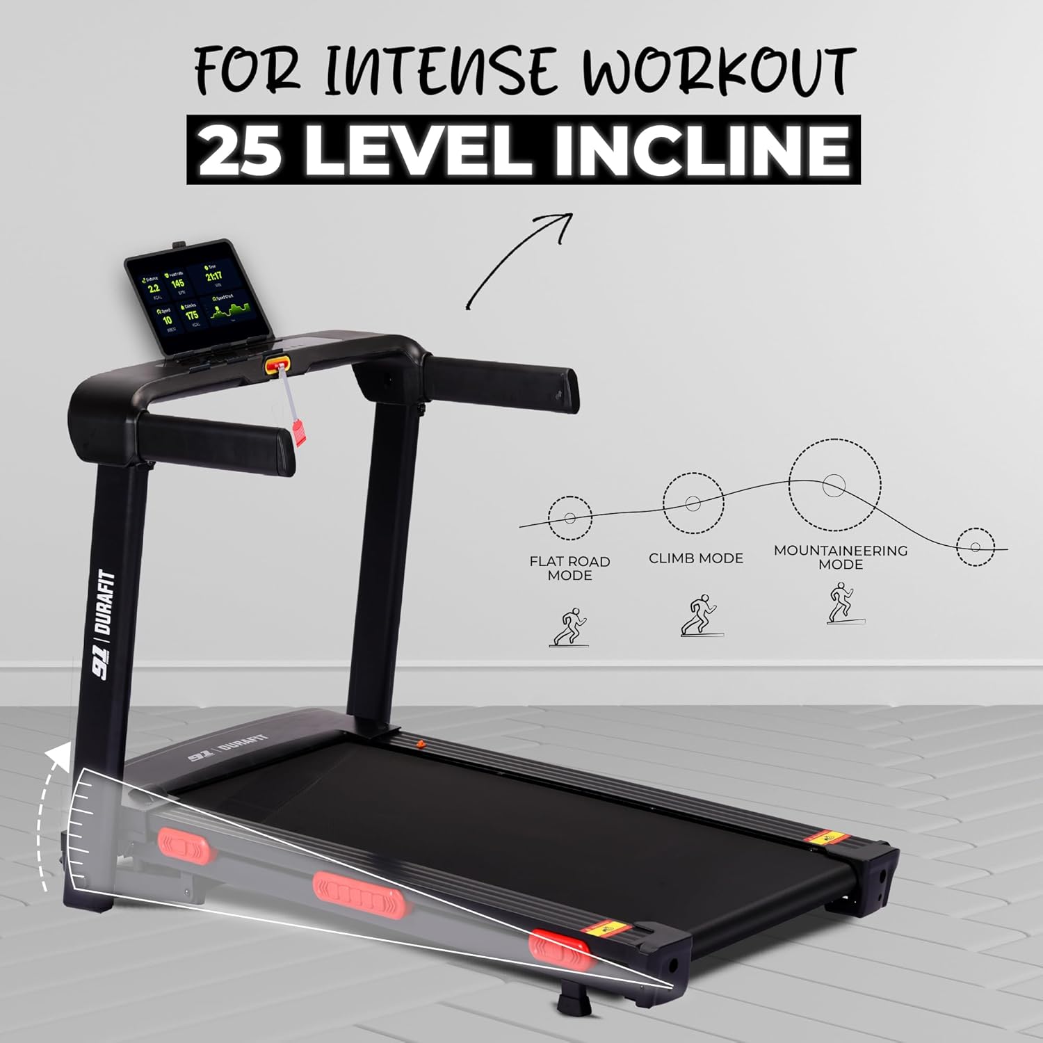 91-Durafit Hike | 6 HP Peak BLDC Motorized Treadmill | 25 Level Auto Incline |Max Speed 18 Km/Hr | Max User Weight 150 Kg | Shock Absorption Technology| Bluetooth Speaker | Wynd app |Home use 17