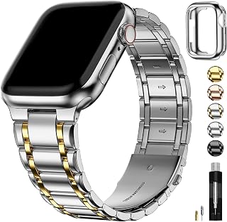 Fullmosa Compatible Apple Watch Bands 49mm 45mm 44mm 42mm, Stainless Steel iWatch Band with Case Metal Strap for Apple Watch Series Ultra 8 7 6 5 4 3 2 1 SE,42mm 44mm 45mm Silver and Gold
