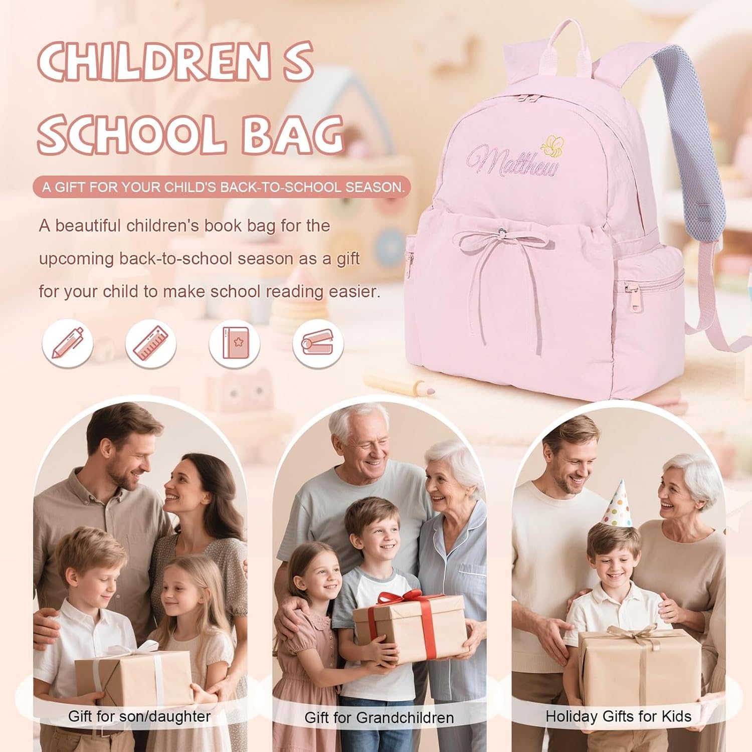 Custom Kids Backpack Cute Toddler Backpack with Bow Personalized Preppy School Bookbag Girls Dance Gift for Child, Pink, Large