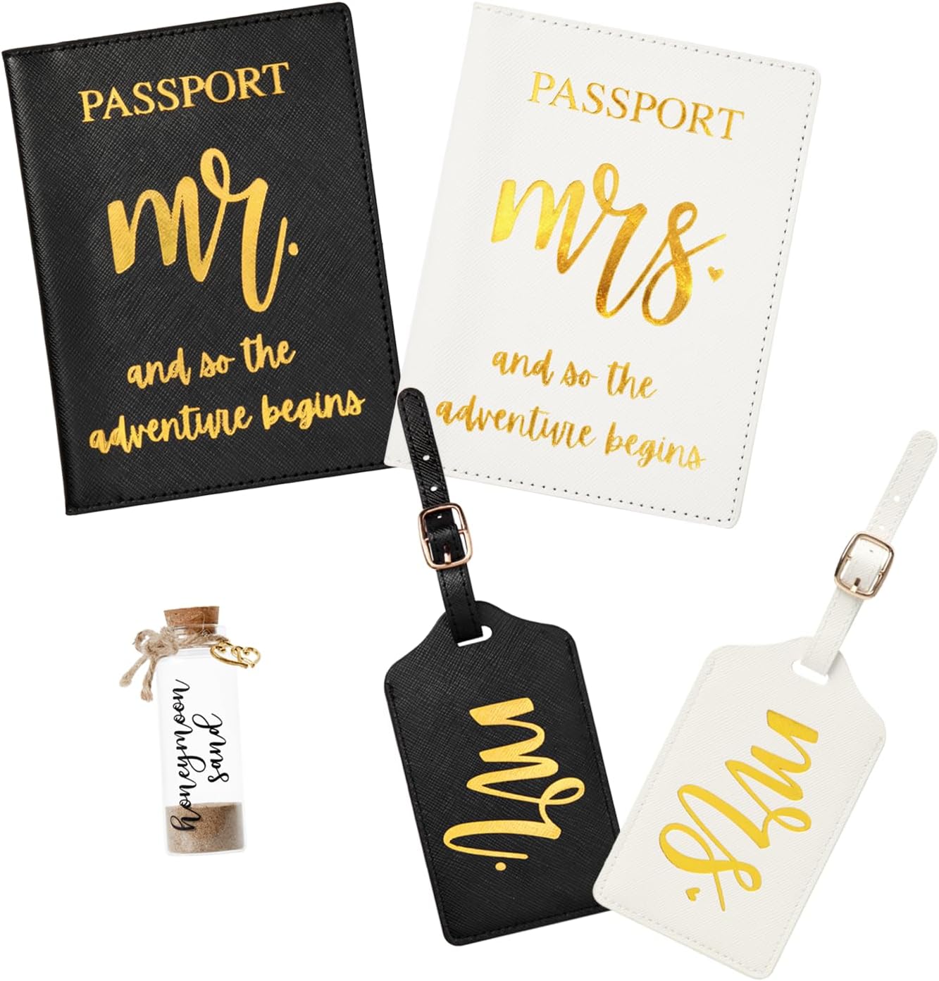 Mr & Mrs Luggage Tags and Passport Holders Set with Gold Foil Lettering and Honeymoon Sand Keepsake Bottle, Wedding Travel Accessories, Bride & Groom Honeymoon Gift Set (Black&White)