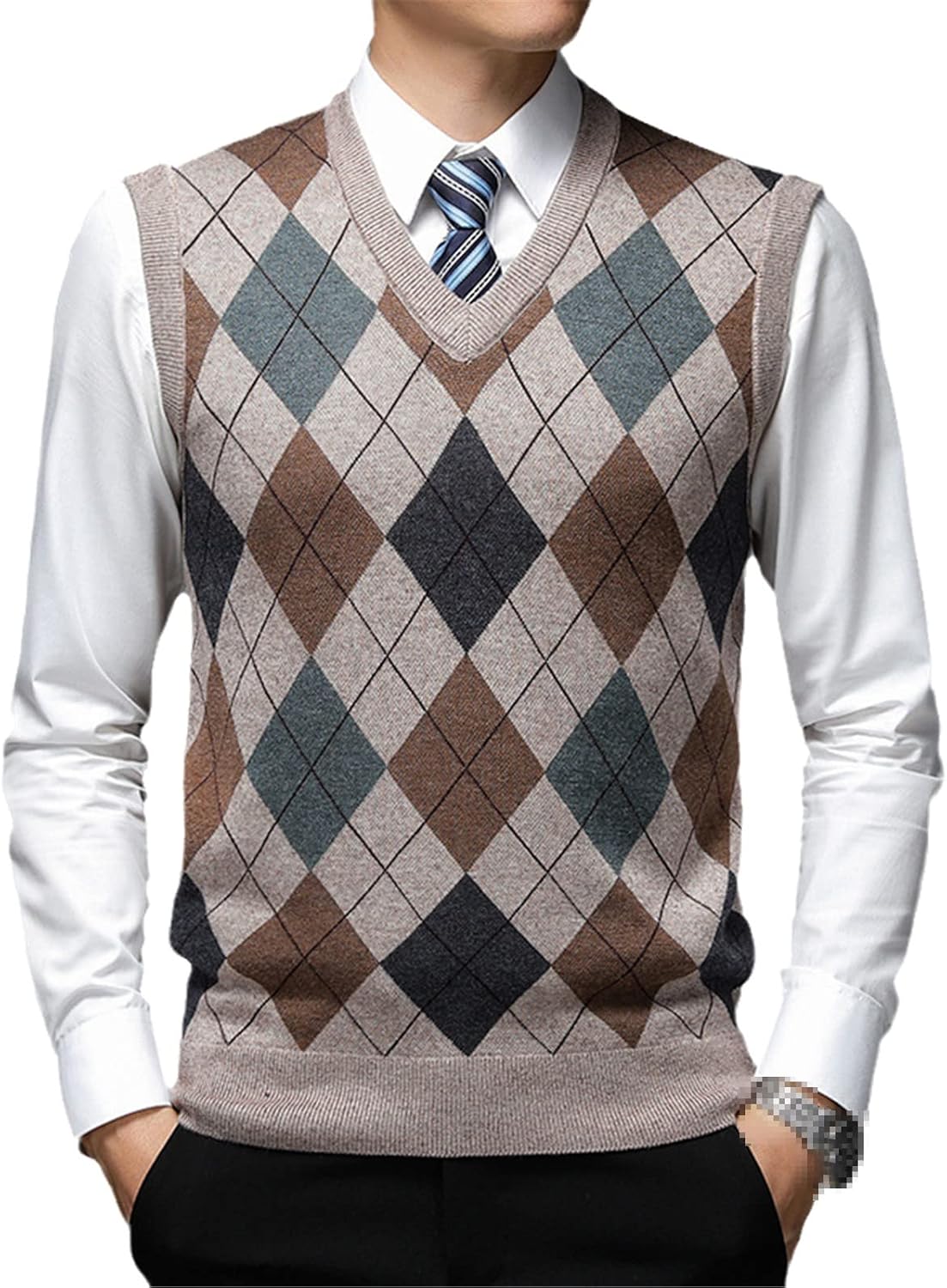 HOURVNEI Autum Fashion Pullover Diamond Sweater V Neck Knit Vest Men Wool Sleeveless Casual Men Clothing