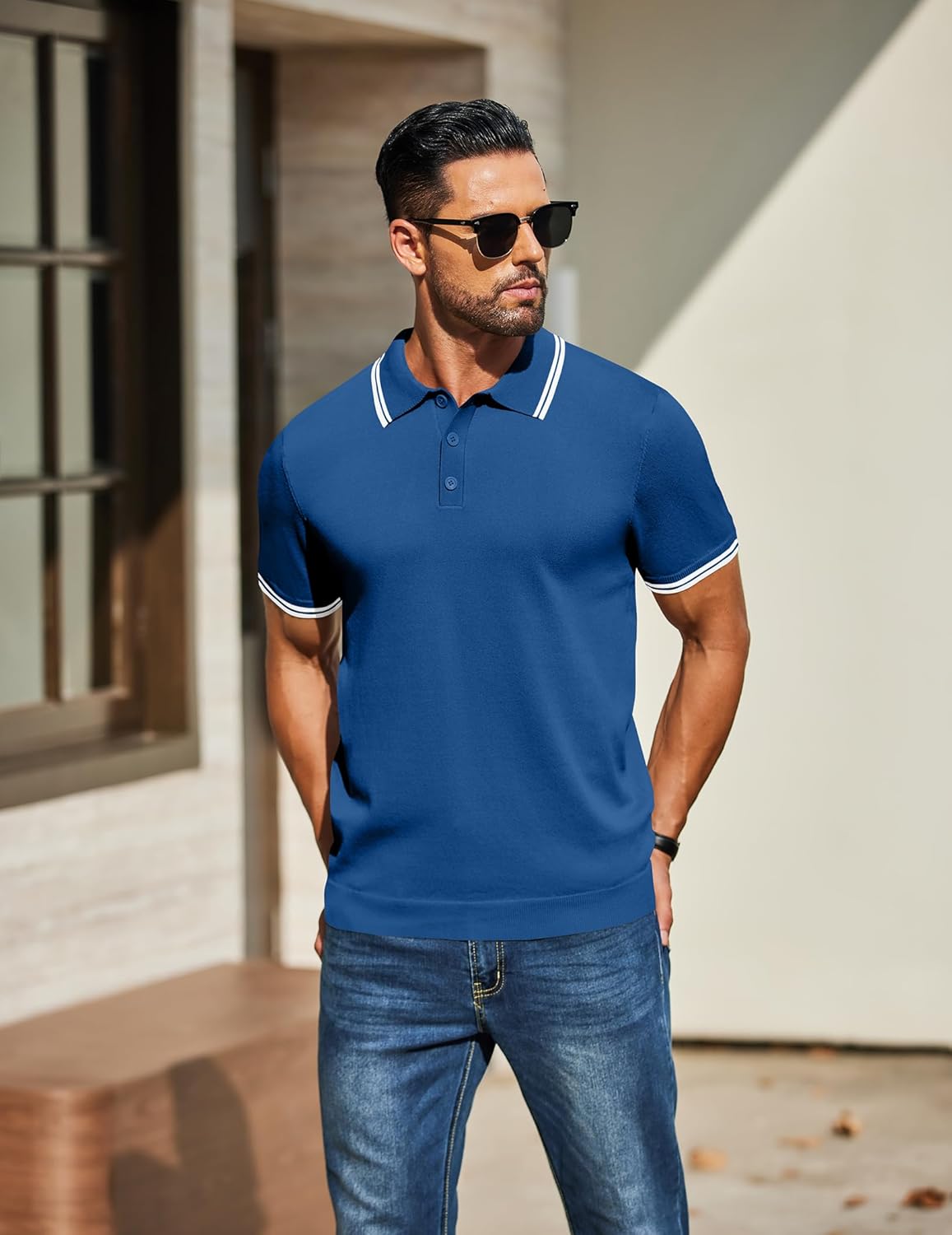 COOFANDY Men's Knit Polo Shirts Short Sleeve Casual Button Golf Polo Shirts Collared T Shirt Blue - Image 6