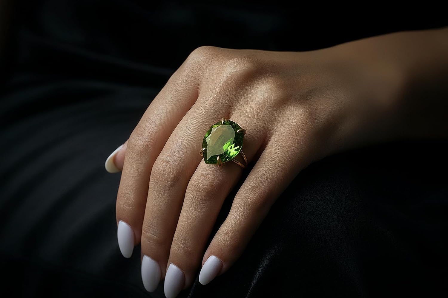 Statement Jewelry for Women - Brilliant Peridot Ring in 14k Gold - Large Stone Teardrop Ring - Everyday Fashion, Statement Jewelry, Vintage, Engagement, Birthstone - Includes Box