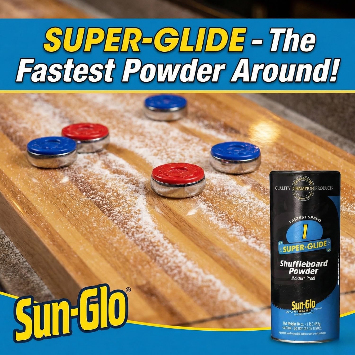 Sun-Glo Speed #1 Super Glide Shuffleboard Powder – Fastest Wax for Long & Pro Tables – Silicone Bead Shuffleboard Sand – Smooth Glide, Tournament & Game Ready – 16 oz (2 Pack)