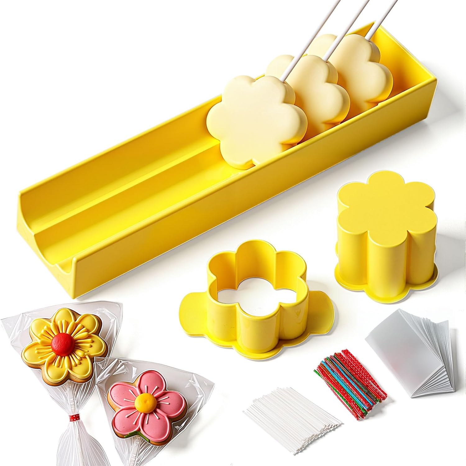 Flower Cutter, Flower Mold Set with 9in Tray, Cake Pop Mold with 100 Sticks, 100 Bags and 100 Ribbons, Baking Tools for Easter Home Birthday Parties Wedding Desserts