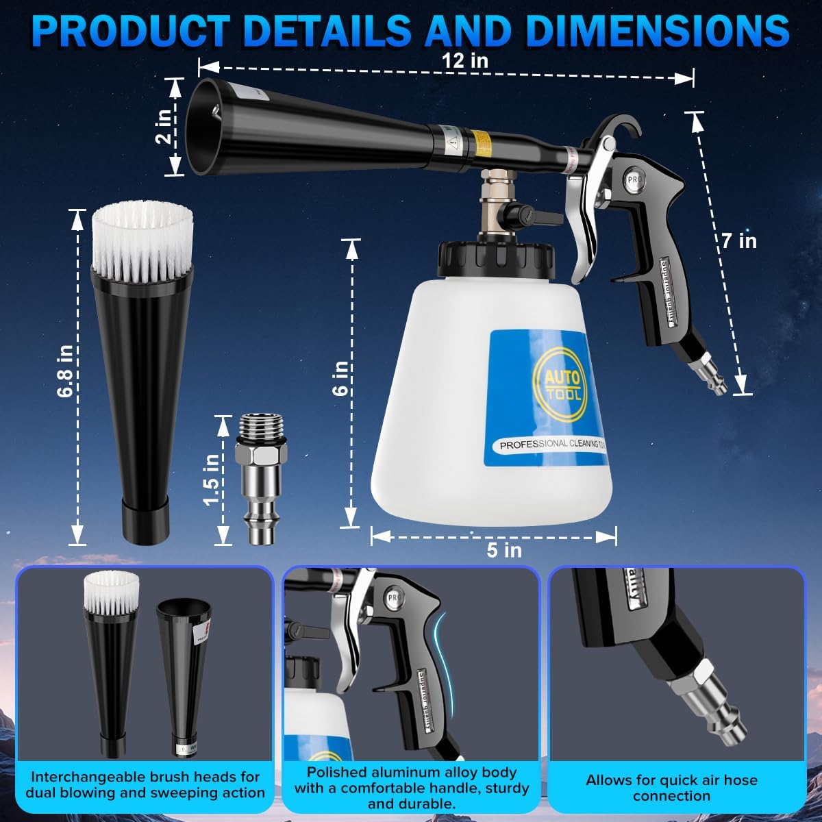 Car Cleaning Gun,High-Pressure Air Blow Gun,Air Cleaning Gun,Air Blow Gun with 2 Set Nozzles &1L Liquid Bottle,Works with Air Compressor,Pro Auto Detailing Tool for Deep Cleaning Interiors & Exteriors