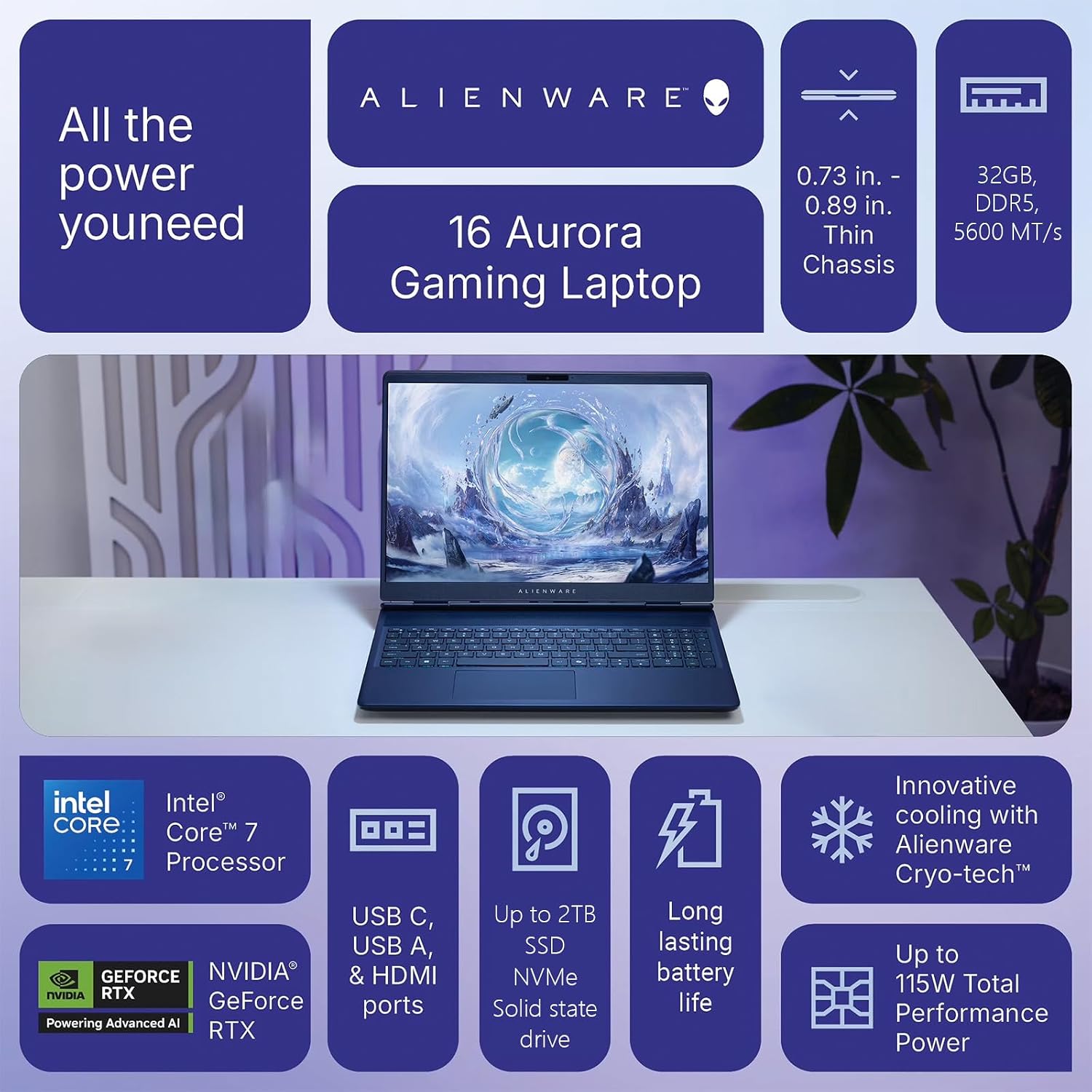 Dell Alienware 16 Aurora Gaming Laptop AC16250 NVIDIA GeForce RTX 5050 120Hz 16" WQXGA Laptops Computer Intel 10-Core 7 240H 32GB DDR5 RAM 1TB SSD Wi-Fi 7 Windows 11 Pro image 2