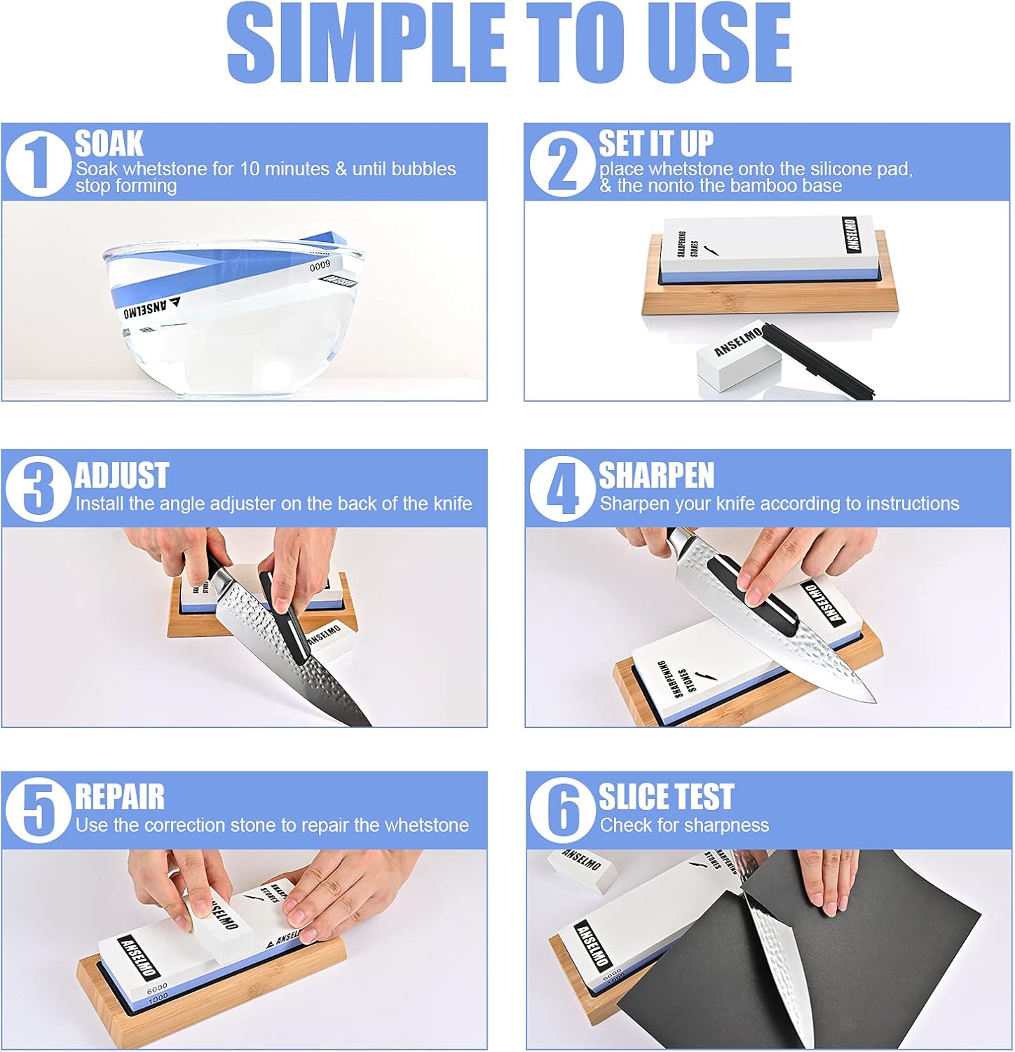 ANSELMO Whetstone Knife Sharpening Stone Set Kit Dual Sided 10006000 Grit Sharpening Set Non Slip Bamboo Base Angle Guide Sharpener Polishing tool Hunting knife, WhiteBlue, 7.25 x 2.25 x 1 (ANS-3) : Tools & Home Improvement