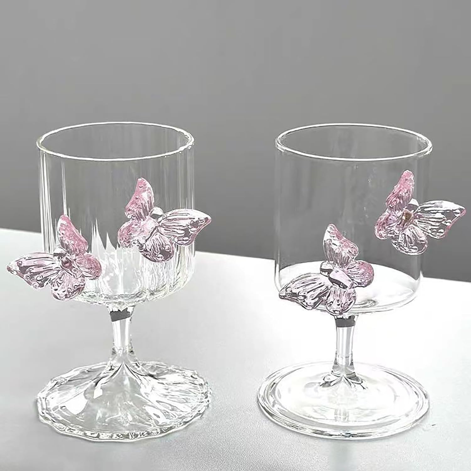 8.5 oz Red Wine Glasses Set of 2 Romantic Wine Glasses with 3D Butterflies Creative Cocktail Drinking Glasses Unique Goblet Juice Glass for Wedding Valentine Partys (Plain glass)