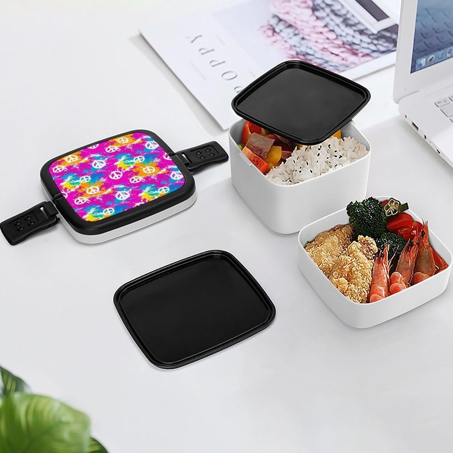 Tie-dye Peace Bento Box with Spoon 2 Layer Food Container Cute Lunch Box for Travel Dining Work