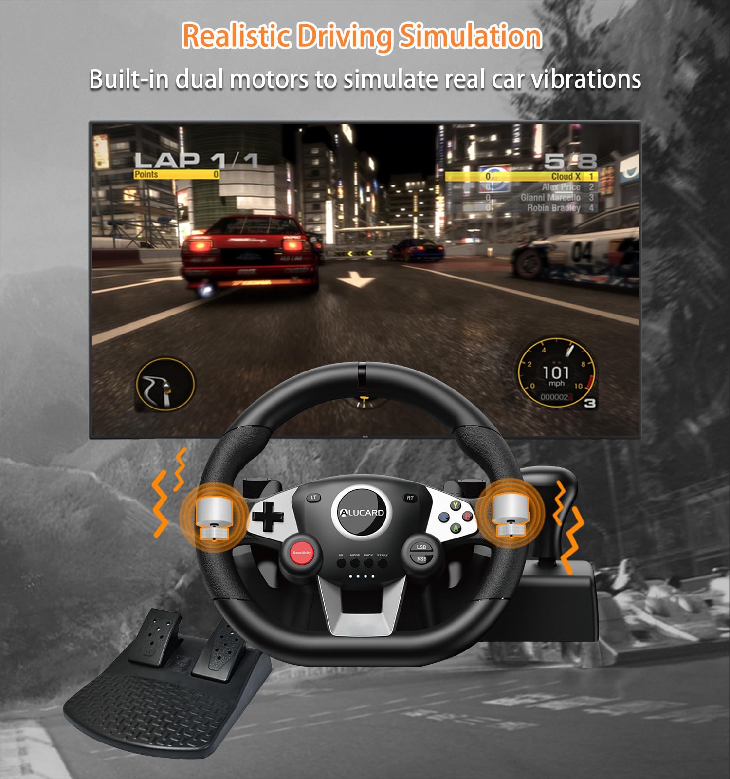VooFun Volante PC con Pedali, Volante Gaming a 270° Compatibile con PC/ PS4/ Switch/ PS3/ Xbox One/Xbox 360, Racing Wheel con Pulsanti Programmabili, Feedback con Vibrazione, Nero