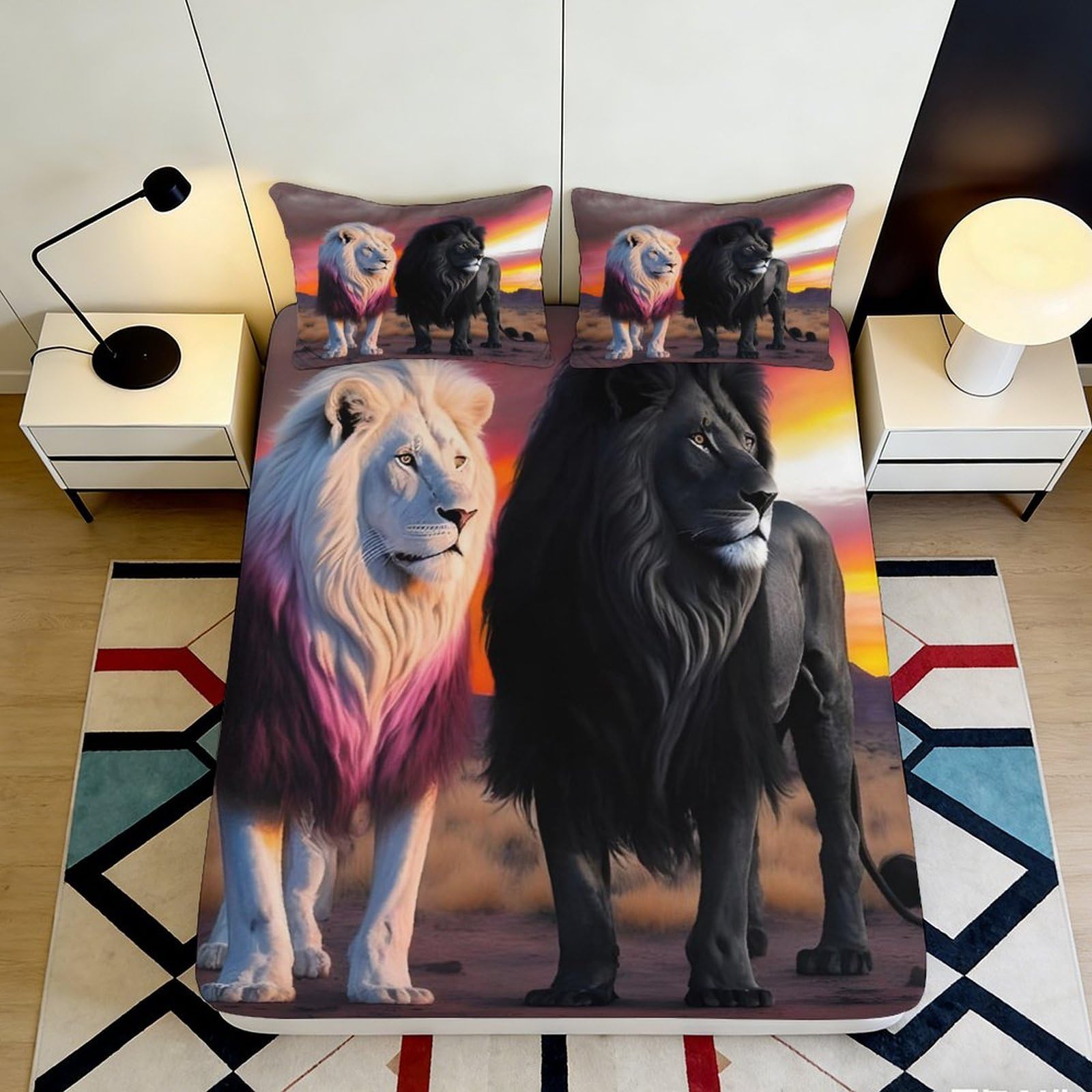 3D Printed White Lion Fitted Sheet Microfiber Black Lion Mattress Cover for Bedroom Decor Dorm Room Easy Care 90x200x25cm