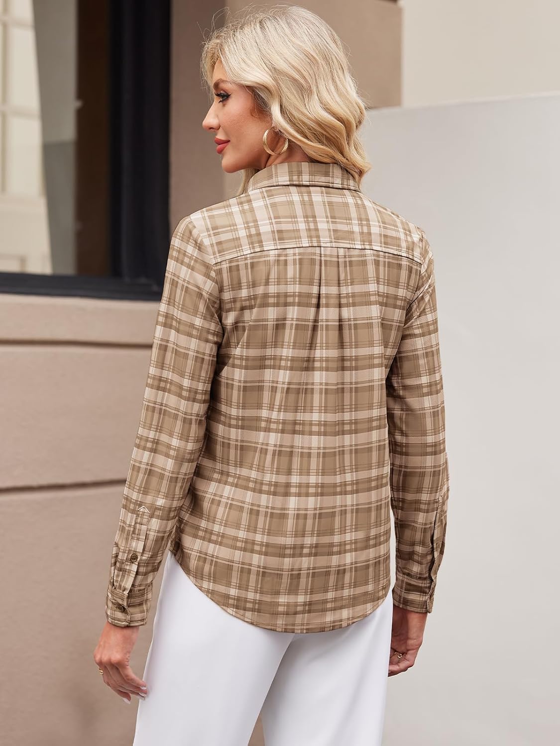 Women's Button Down Shirts Plaid Long Sleeve Dress Shirt Collared Fitted Blouses Wrinkle Free Casual Office Work Tops - Image 3