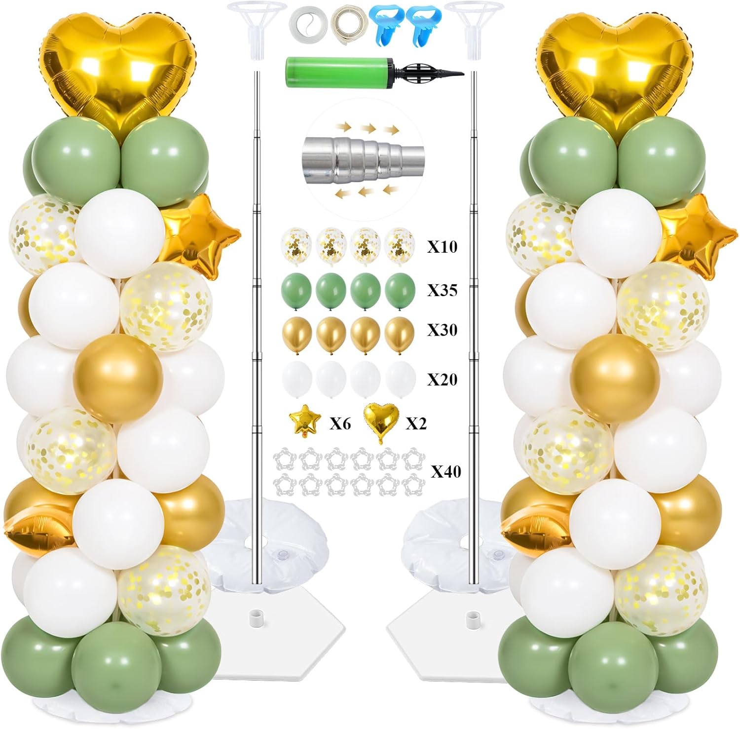 2 Sets 7FT Balloon Column Stand Kit with 103PCS Balloons – Adjustable Metal Balloon Tower with Weighted Base & Water Bags (Avocado Green & Gold)