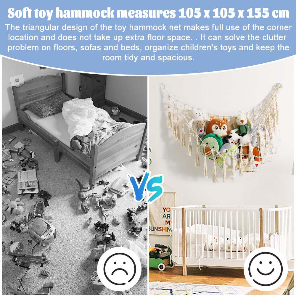 HEKOBAG Hamaca de Juguete para Animales de Peluche, Red de Almacenamiento para Hamaca, Hamaca de Peluche con 3 Ganchos y 3 Tubos de Expansión, Hamaca de Juguete para Animales de Peluche(beige)