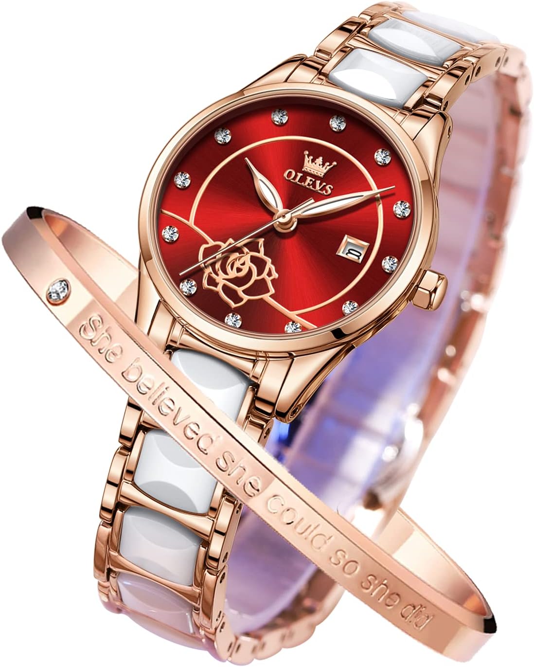 OLEVS Ladies Watch Rose Gold Ceramic Designer Elegant Note Fashion Luxury 3ATM Date Waterproof Luminous Green Valentine's Day Present Quartz - Image 8