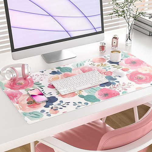 Miniatura 2 de Colorful Star Alfombrilla grande para mouse, diseño floral rosa para escritorio, para mujeres y niñas, de piel sintética, impermeable, protector de