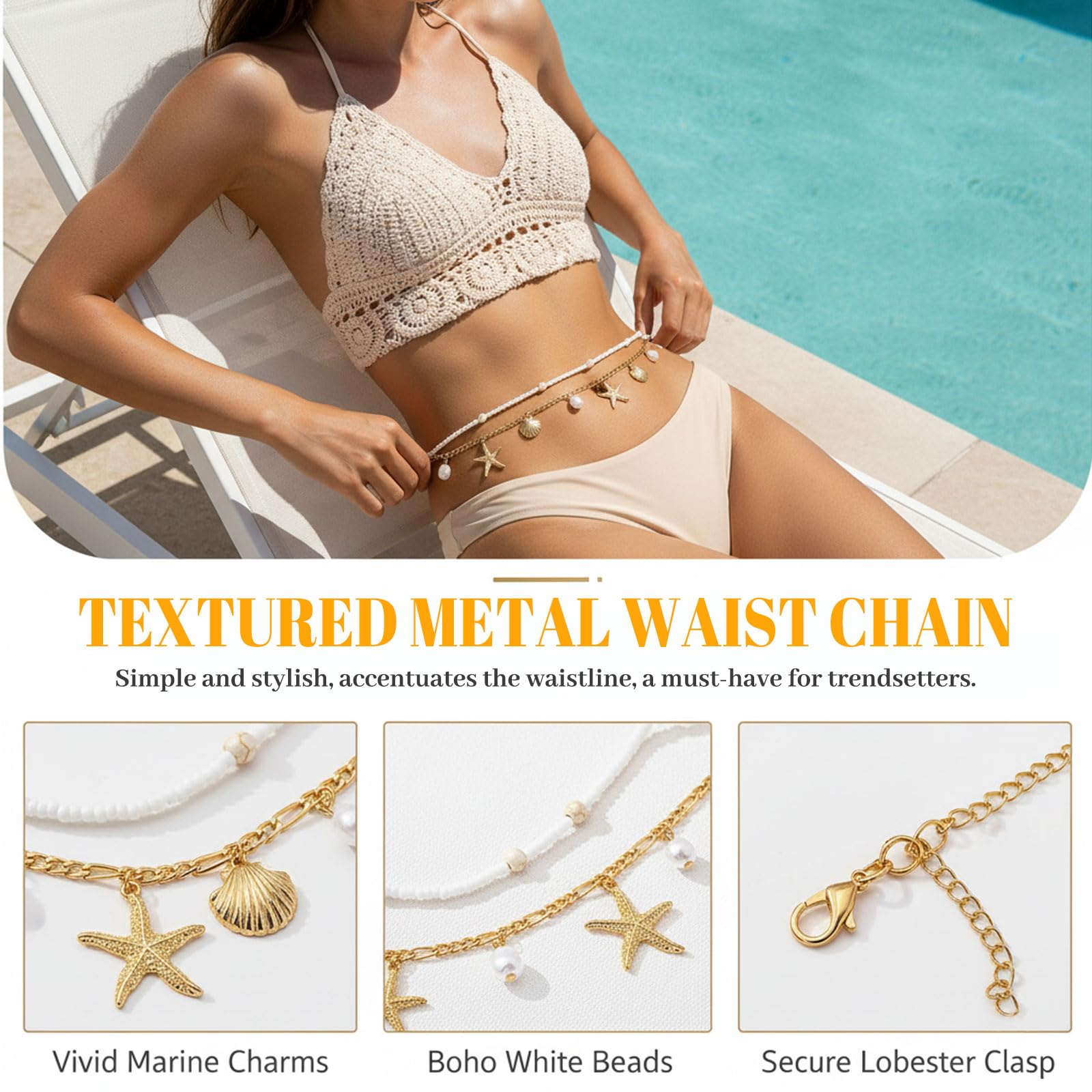 2 pezzi Catenina in vita dorata a forma di stella marina per donne, catenine regolabili, conchiglie boho, catena per il corpo da bikini per spiaggia, festival estivo