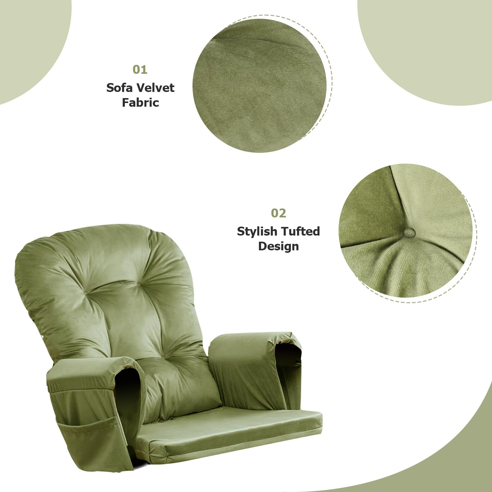 Osunnus 5PCS Glider Rocker Replacement Cushions Thick Soft Velvet Glider Cushions Replacement Set with Ottoman Cushion and Storage Pockets, Matcha Green