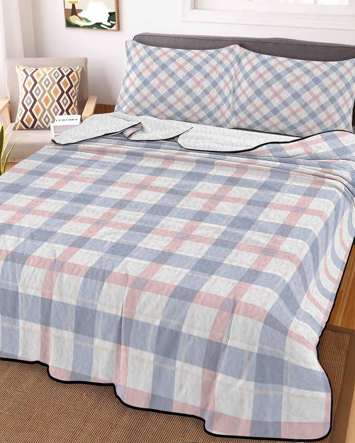 King Size Quilt Set, Geometric Buffalo Lattice Lightweight Bedspread Coverlet Set Soft Microfiber Summer Quilt with 2 Pillow Shams, Chic Diamond Grid 3 Piece Comforter Bedding Set