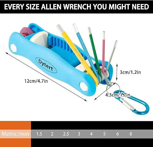 Miniatura 7 de Dytert Juego de 8 llaves hexagonales plegables de precisión métricas Allen, de 0.059 in a 0.315 in, codificadas por colores para un uso fácil