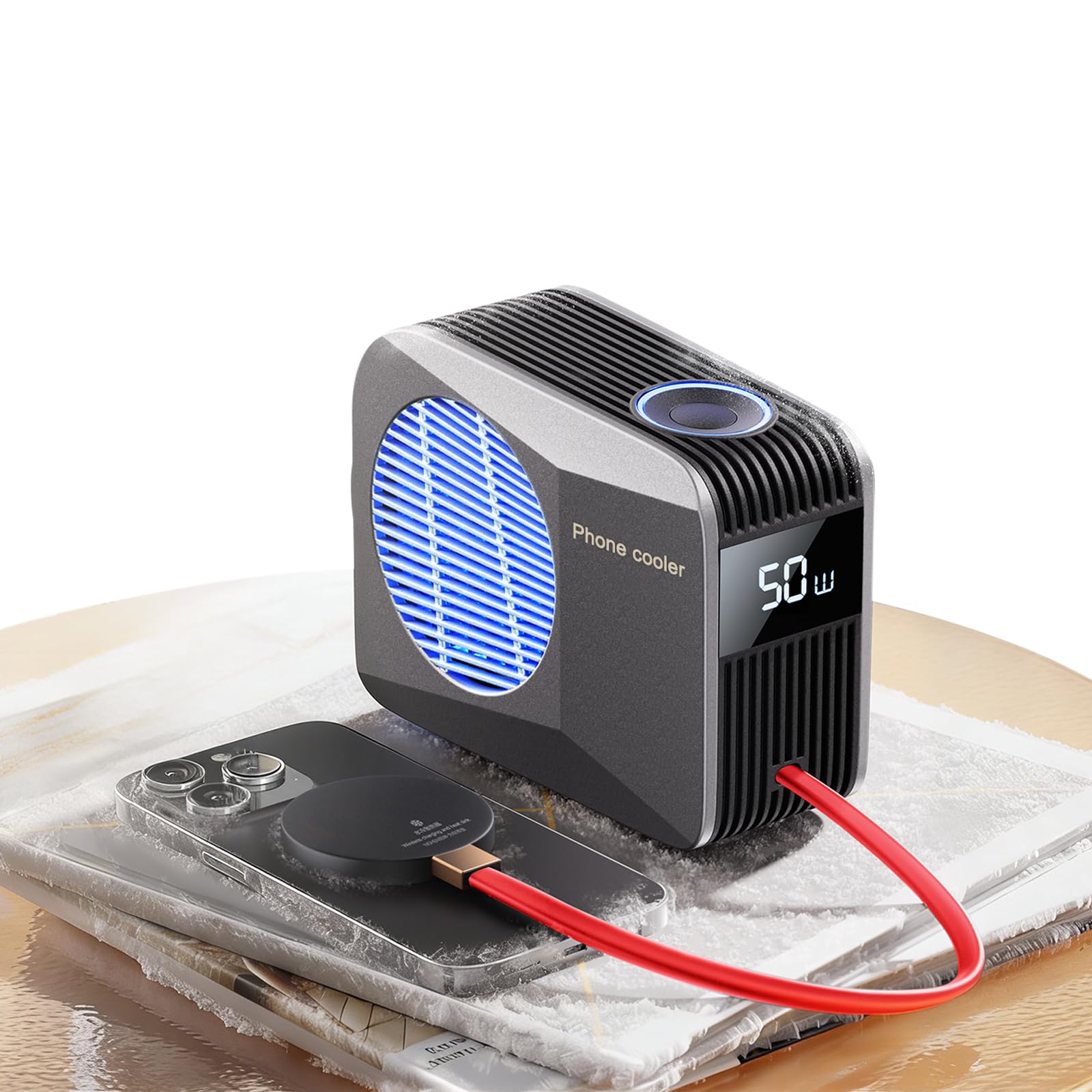 Photo 1 of 50W Magnetic Liquid-Cooled Phone Cooler for Gaming Live Streaming, 2.1M Extra Long Red Cable, 31dB Low Noise RGB Radiator for MagSafe iPhone Android iPad Tablet, Gray