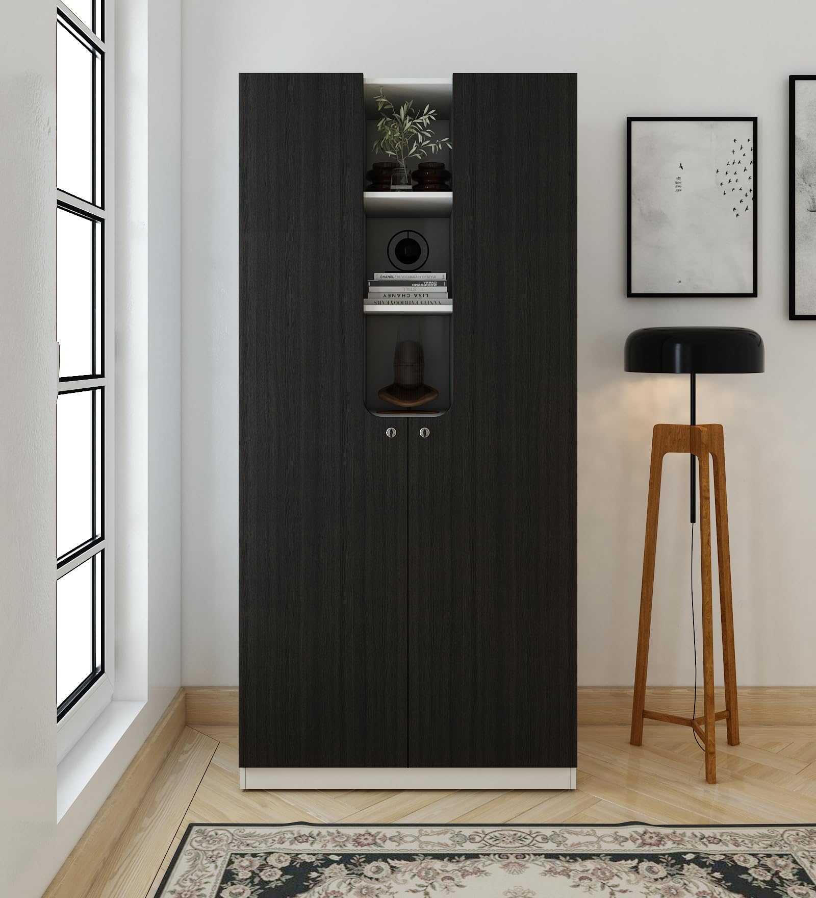 A GLOBIA CREATIONS Verlin 2 Door Wardrobe Engineered Wood | Matte Finish | Wenge Color | Bedroom Storage | 6 Shelves & 2 Hanger Rods | Termite & Scratch Resistant | 36-Month Warranty-image-6