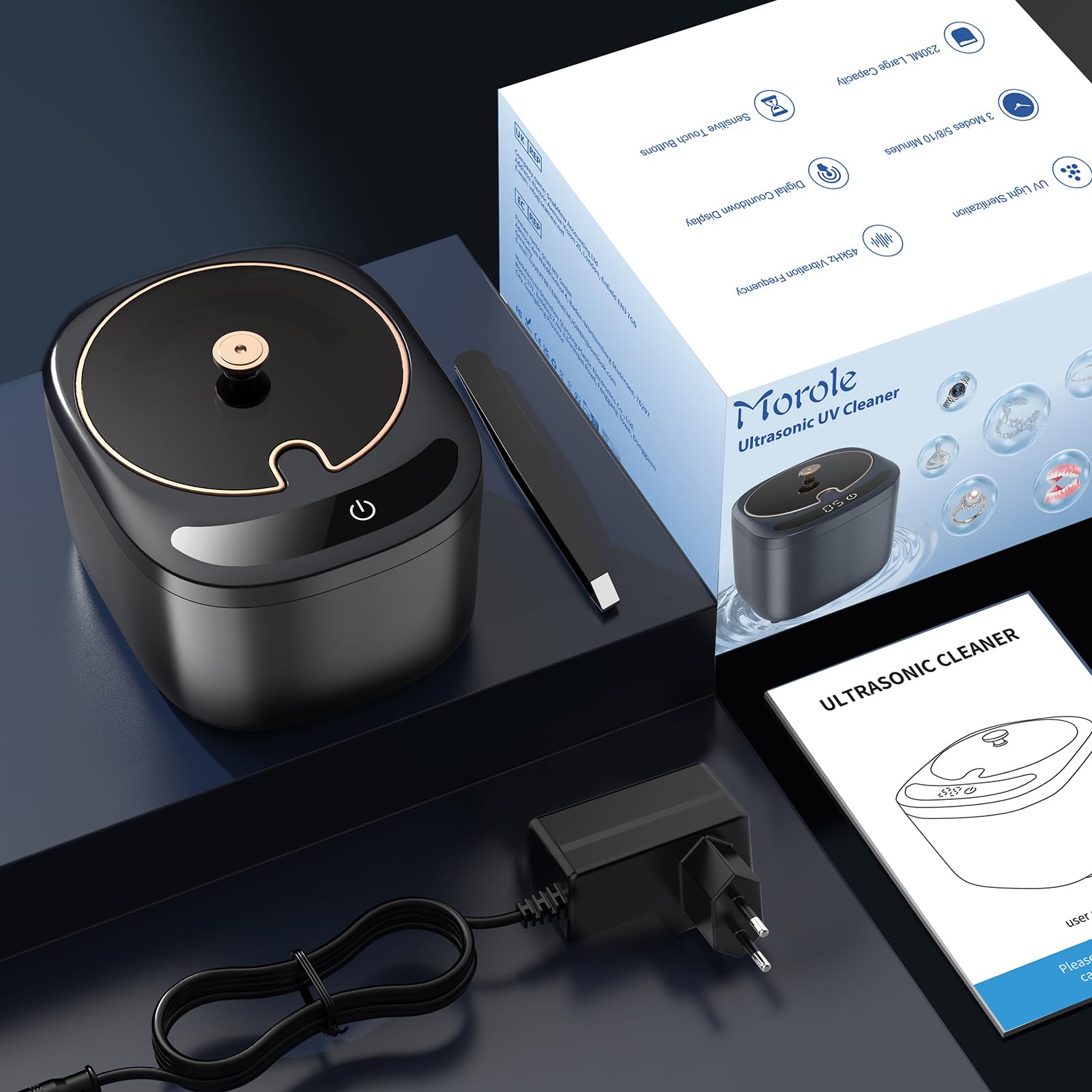 Limpiador Ultrasonidos Dental de 45000 Hz y 230 ml, Ultrasonidos Limpieza con Lámpara UV para Limpiador Ferula Dental, Retenedores, Alineadores, Prótesis Dentales y Joyas