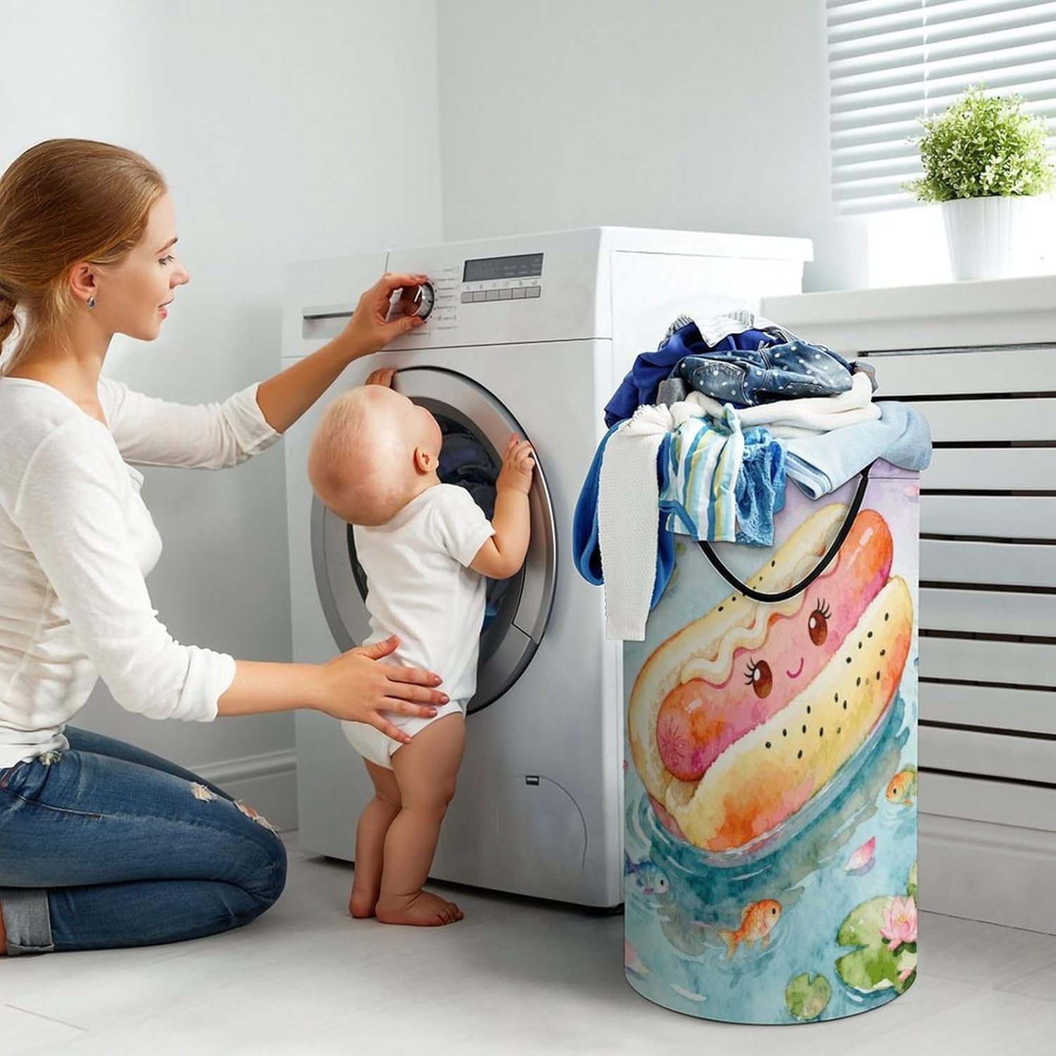 Funny Hot Dog Laundry Hamper with Handles Waterproof Collapsible Laundry Basket Large Lightweight Round Dirty Clothes Hamper for Home Dorm Bathroom Decor