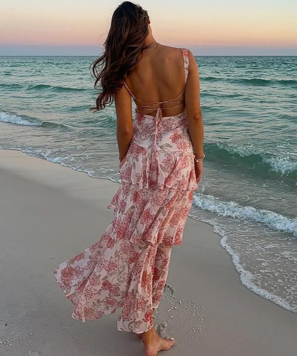 Women's Floral Maxi Dress Sexy Deep V Neck Backless Ruffles Dresses Beach Party Wedding Guest Dress - Image 4