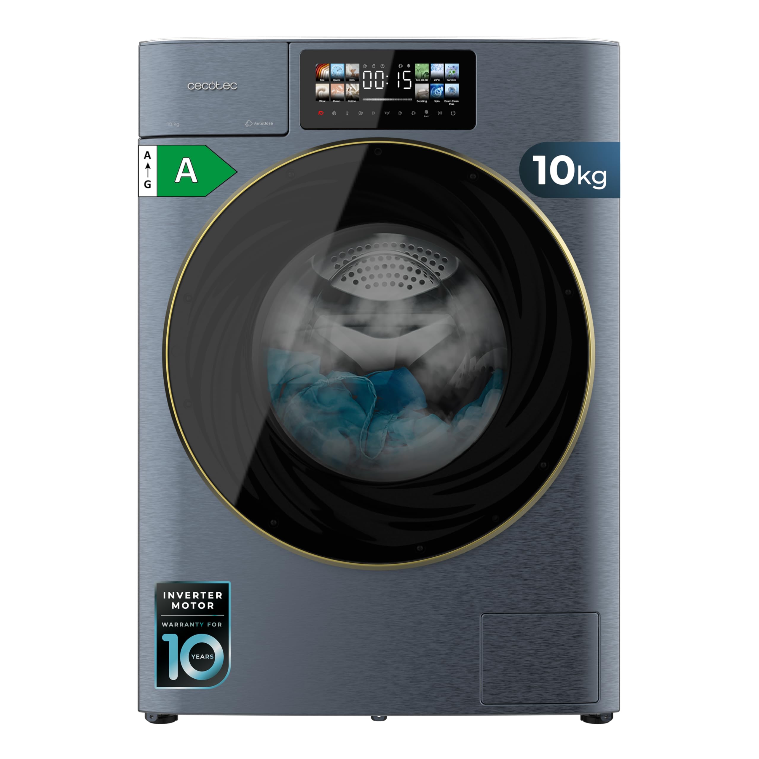 Cecotec Lavasciuga 10-6Kg Carica Frontale Bolero Wash&Dry 106950 Autodose Inverter 3D Titanium A. 1400 rpm, 13 Programmi, Motore Inverter Plus, Core Matrix Screen 9,2", Smooth Wash, Porta XXL