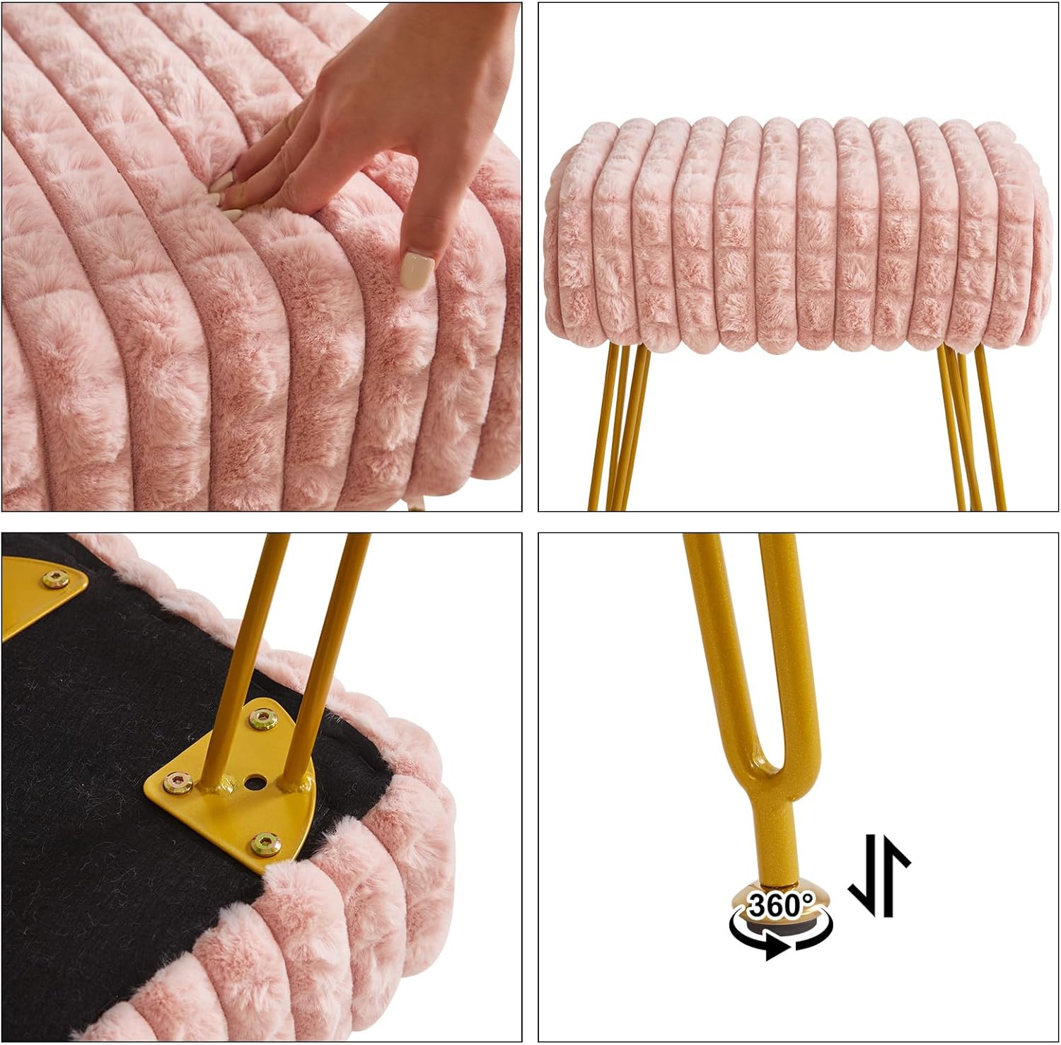 IBUYKE Rectangular Footrest Stool Ottoman, Makeup Vanity Stool Side Table, Velvet Dressing Table Seat, Footstool Chair, Golden Steel Legs, for Makeup Room, Bedroom, Square Grid Pattern, Pink WBD003P - Image 7