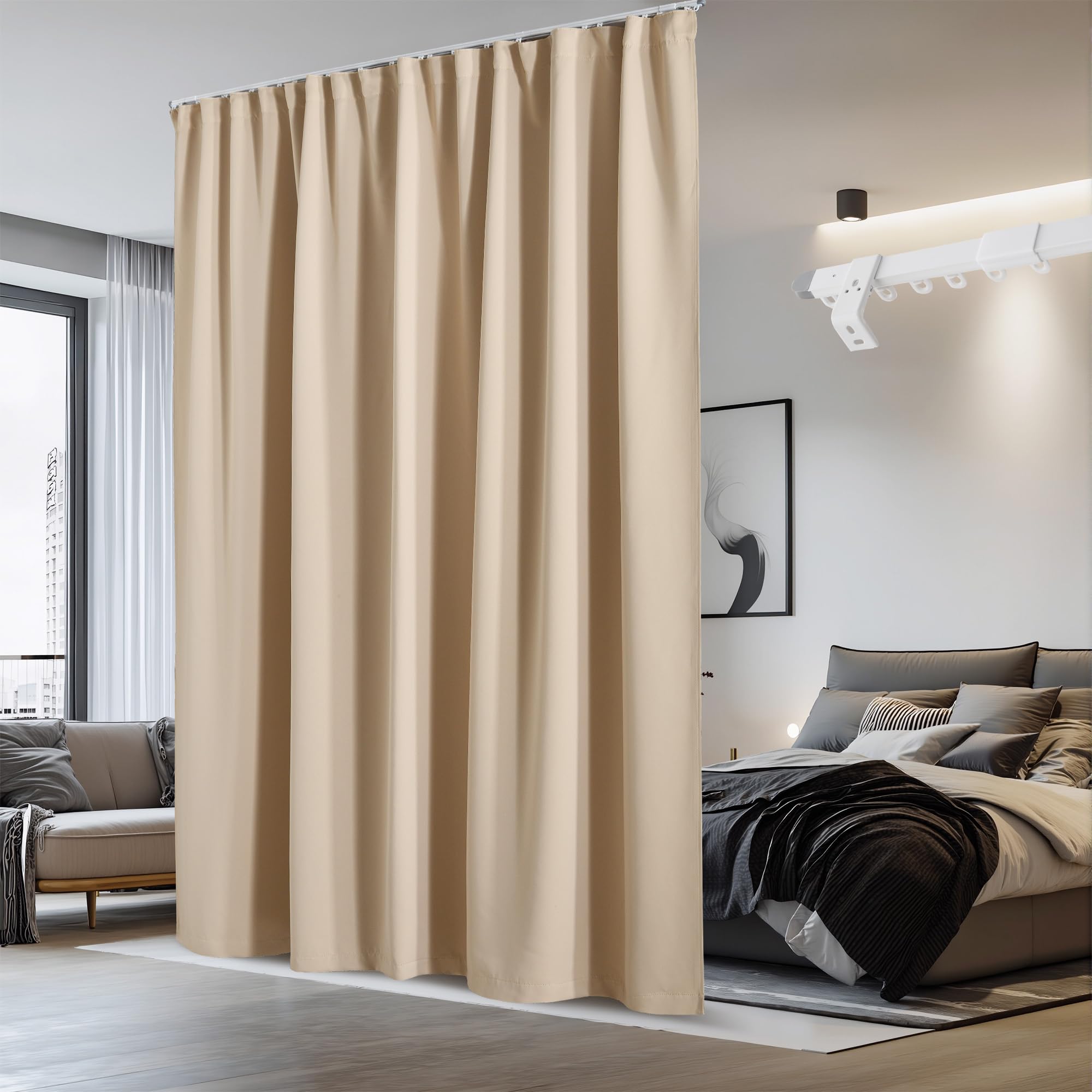 NICETOWN Sliding Door Curtain &amp; Adjustable Ceiling Track Set, W100 xL84 Room Divider Curtain for Office/Hospital Privacy Protection, Thermal Insulated Room Darkning Drape, 1 Panel, Biscotti Beige