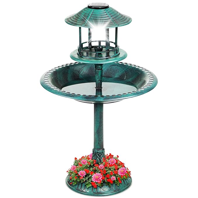 Best Choice Products Solar Outdoor Bird Bath Vintage Resin Pedestal Fountain Decoration for Yard