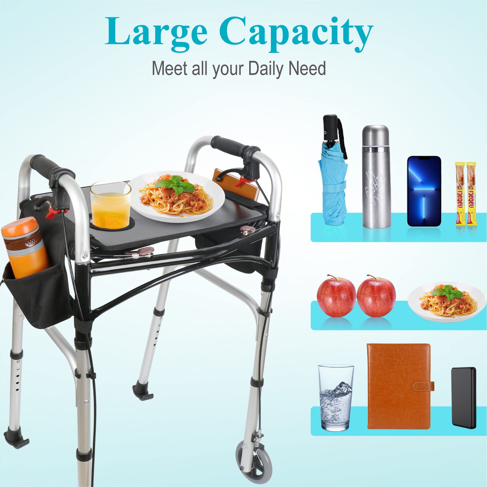 Dotday Bandeja para andador con bolsillos de malla, mesa universal con portavasos para andador plegable estándar, accesorios para andador de movilidad, bandeja para andador, equipo médico para