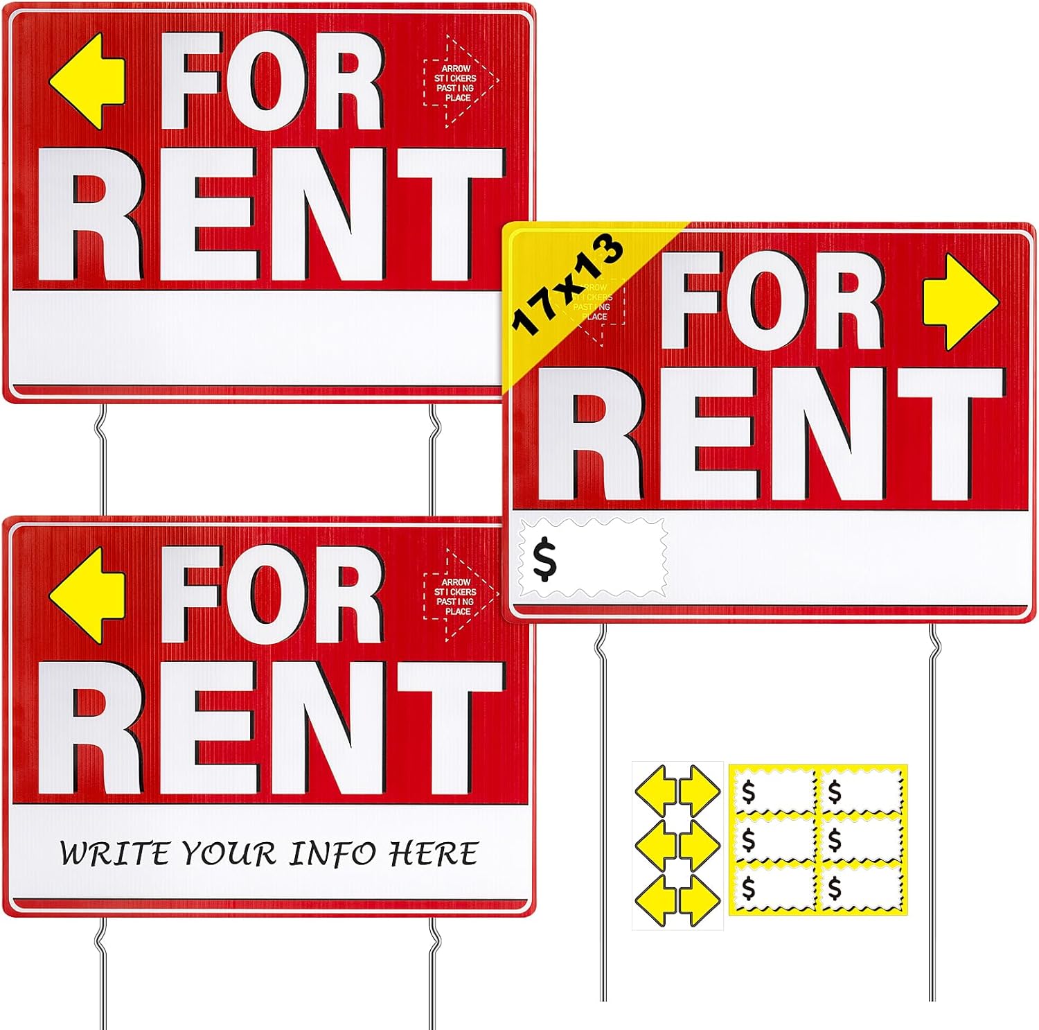 3 Pack For Rent Signs with Stakes 17" x 13" Weather-proof Double-Sided For Rent Sign with Pricing Stickers Arrow Stickers Yard Signs with Metal Stakes