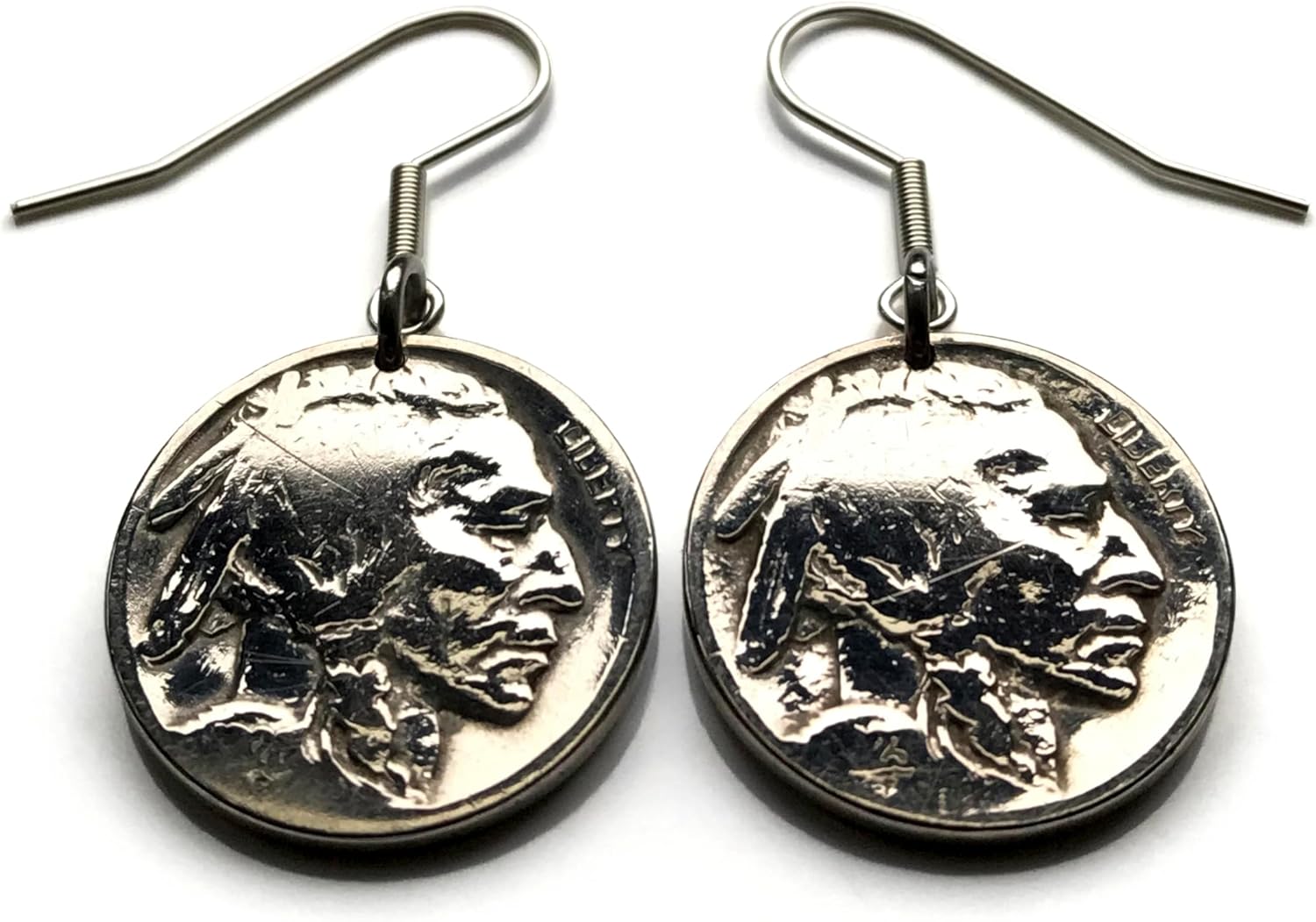 United States 5 Cent Indian Head Buffalo Nickel coin earrings Native American Indian bison Iron Tail Oglala Lakota chief Two Moons Cheyenne Navajo Cherokee Chippewa Choctaw Apache Blackfeet e000113
