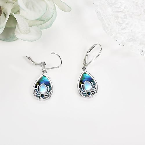 Miniatura 4 de Aretes de flor de loto 925 plata de ley 925 con diseño de loto azul, aretes colgantes con cierre de palanca, regalo de joyería para mujer