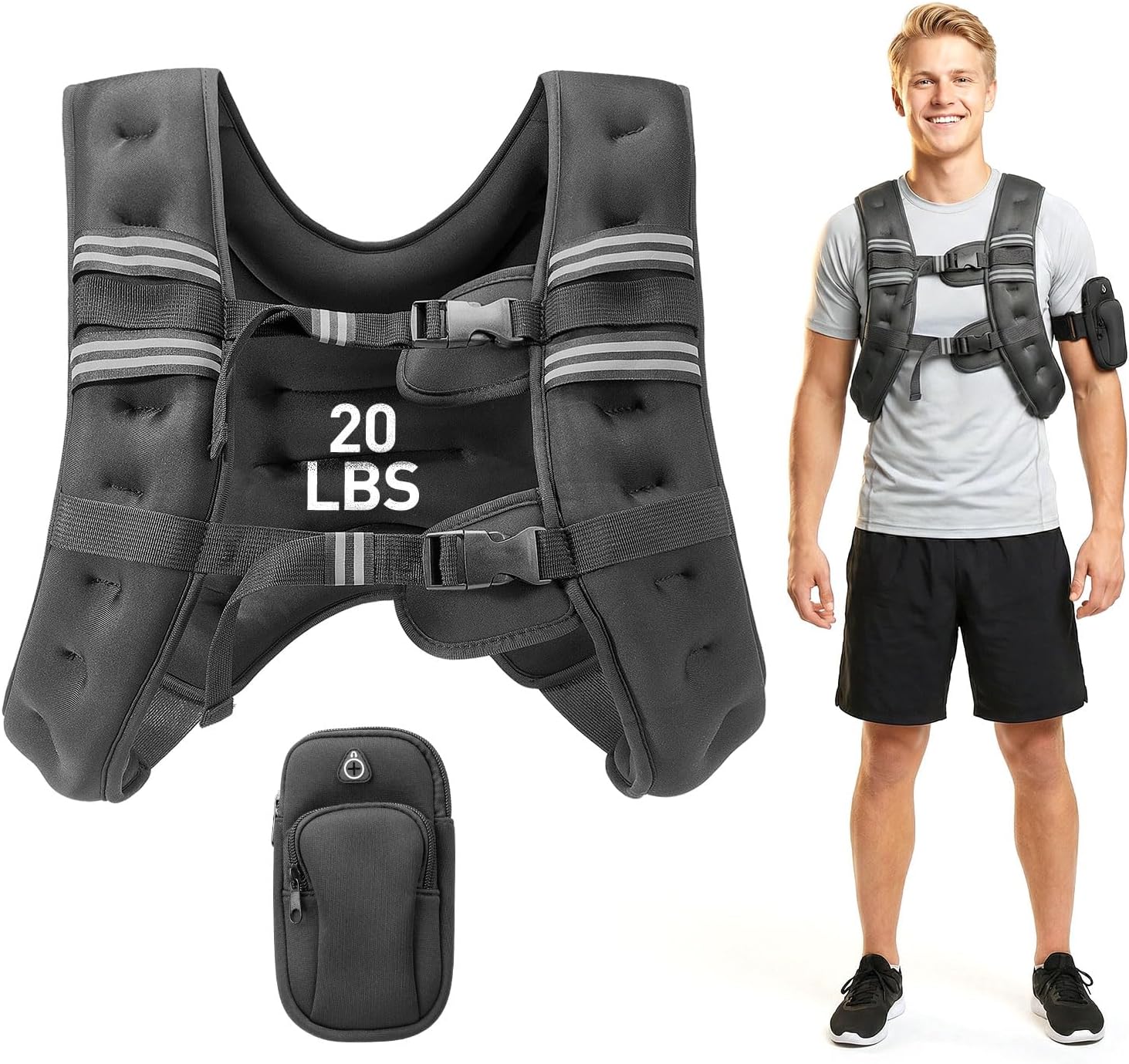 Weighted Vest Men or Women, 20lbs Weights with Reflective Stripe, Weighted Vest for Workout Equipment for Strength Training Running, Chest Size Adjustable Strength Training Weight Vest for Walking Weight Loss