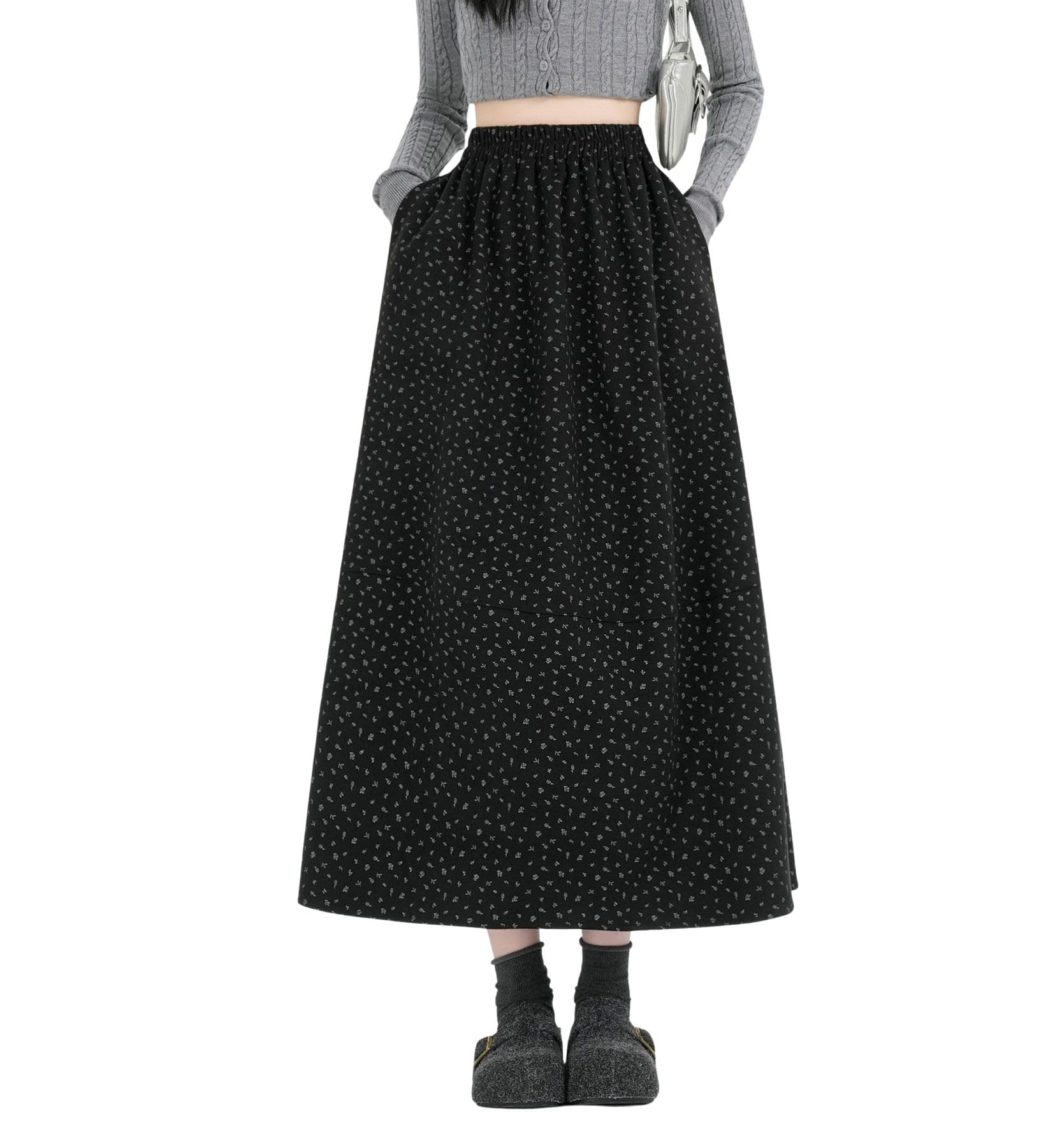 chouyatou Womens Vintage Wool Floral Long Skirt Elastic Waist A Line Pleated Wool Blend Skirt with Pockets
