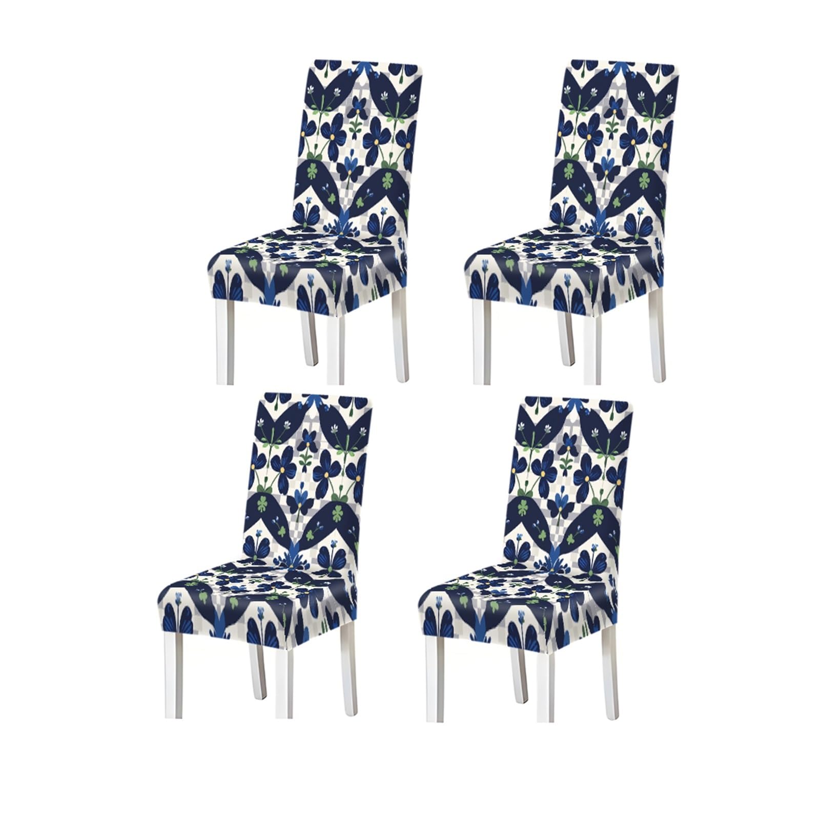 Scandinavian Style Blue Floral Geometric Pattern Print Dining Chair Covers Set Of 2/4/6, Stretch Slipcovers For Kitchen Dining Room Removable Stretch Slipcovers for Dining Chairs(4PCSChair cover)